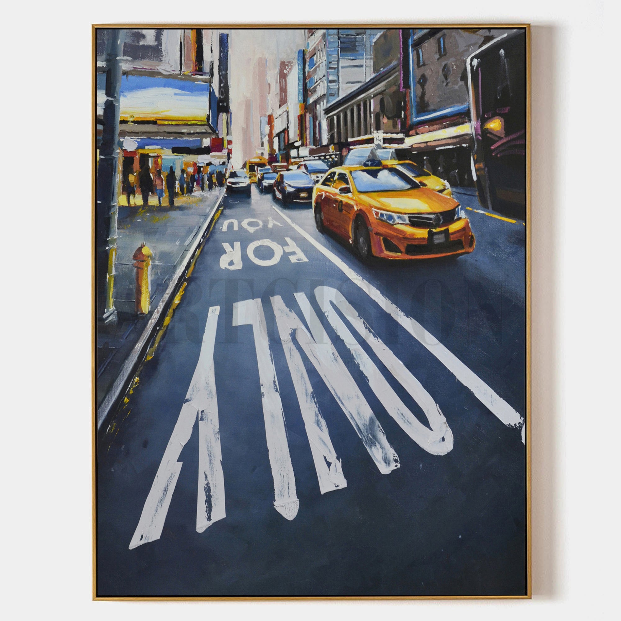 a painting of a city street with a yellow taxi