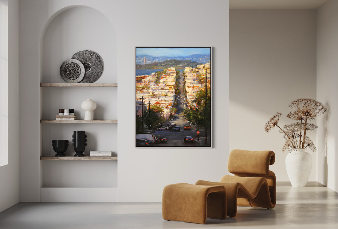 a living room with a picture of the eiffel tower