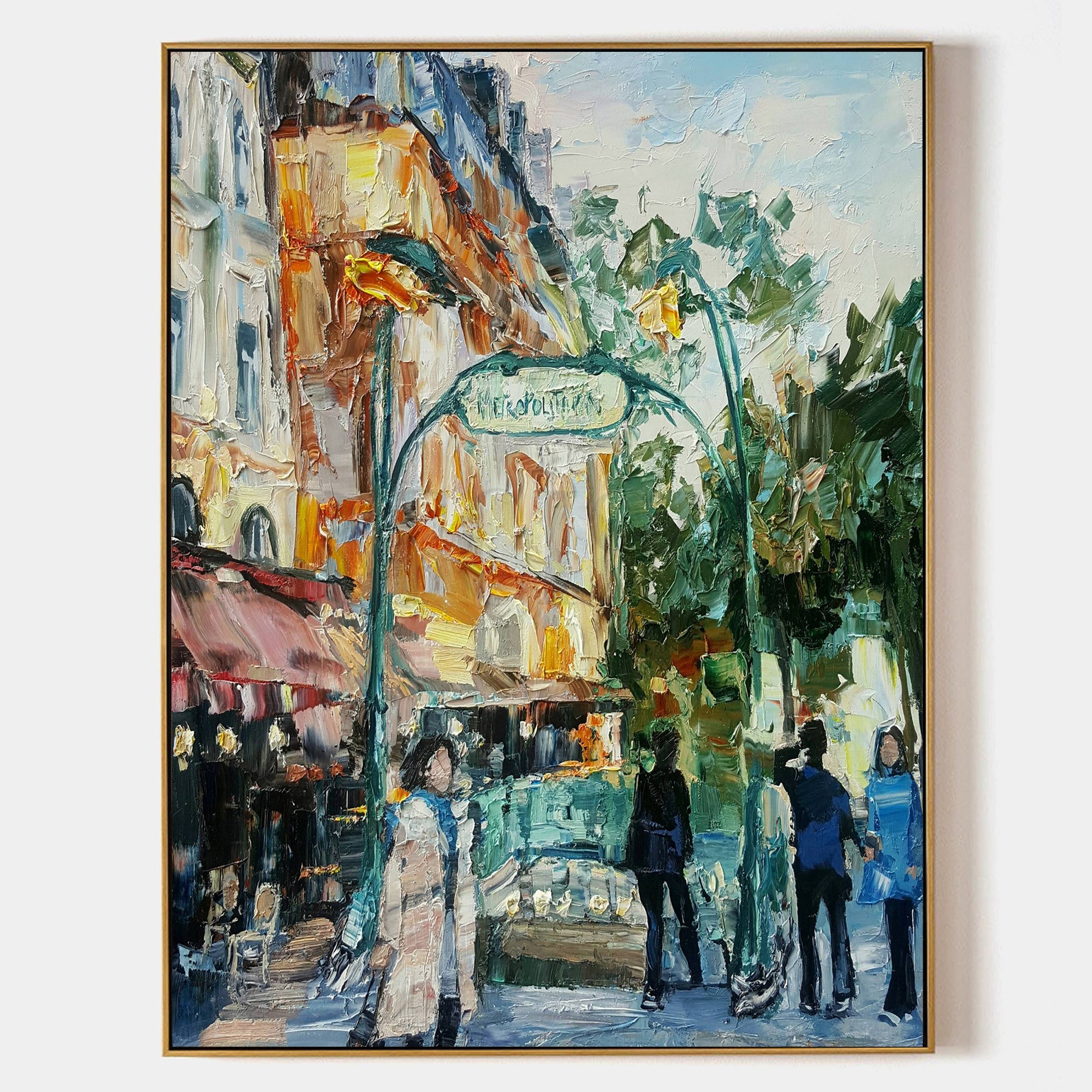 a painting of people walking on a city street