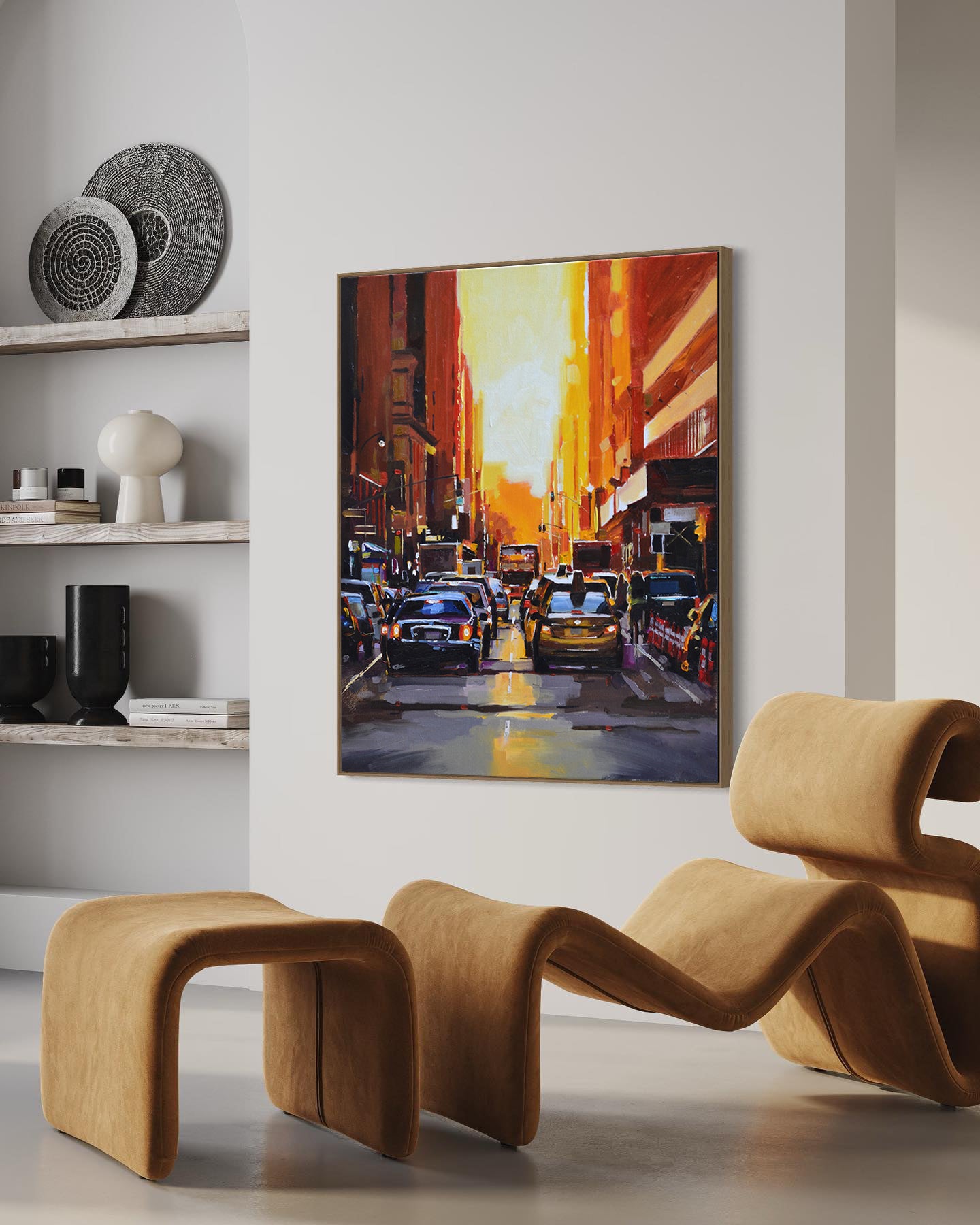 a painting of a city street with cars on it