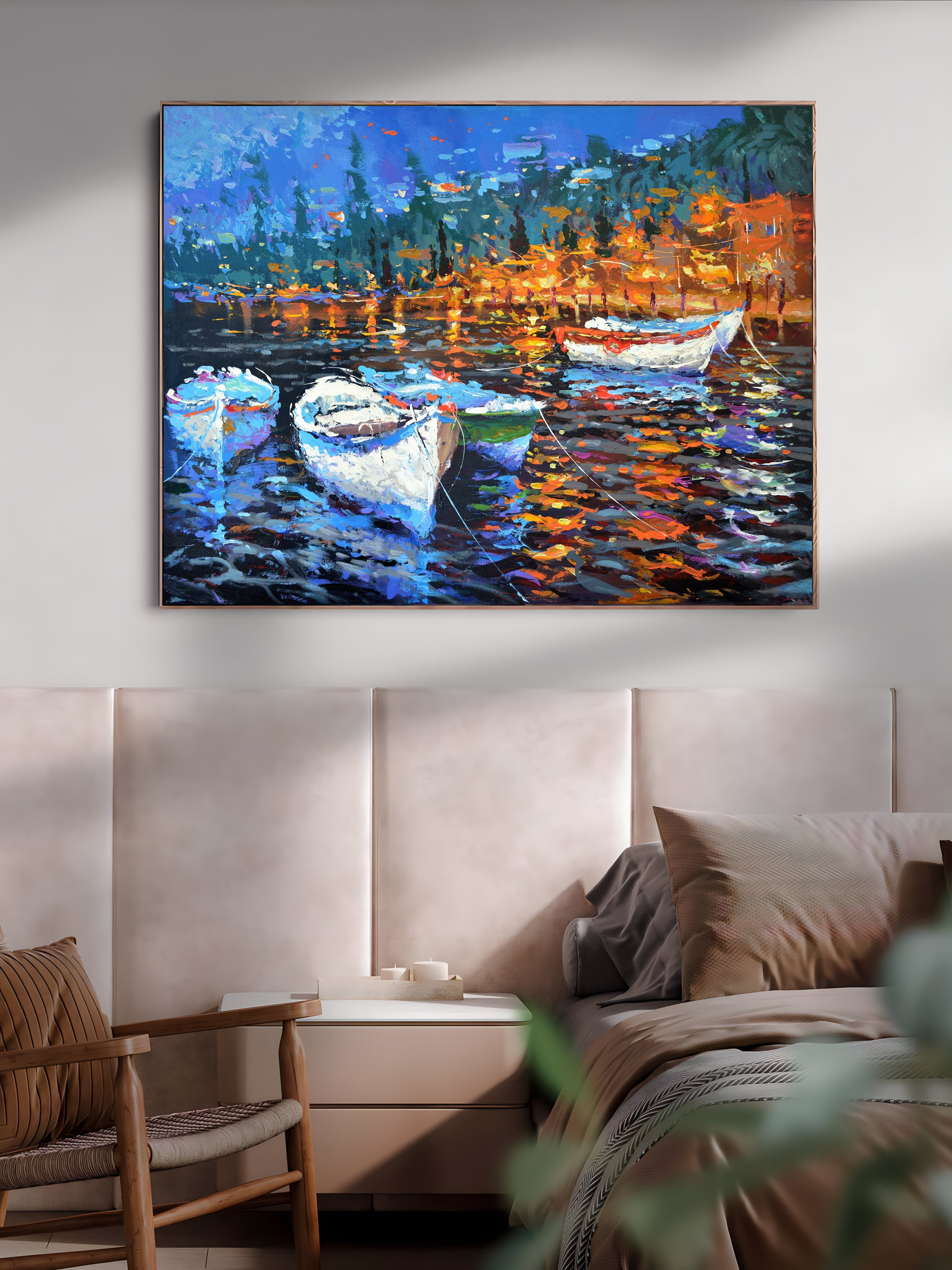 a painting of boats floating in the water