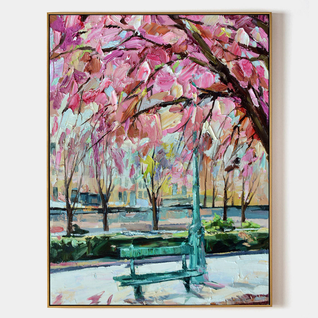 a painting of a park bench under a tree