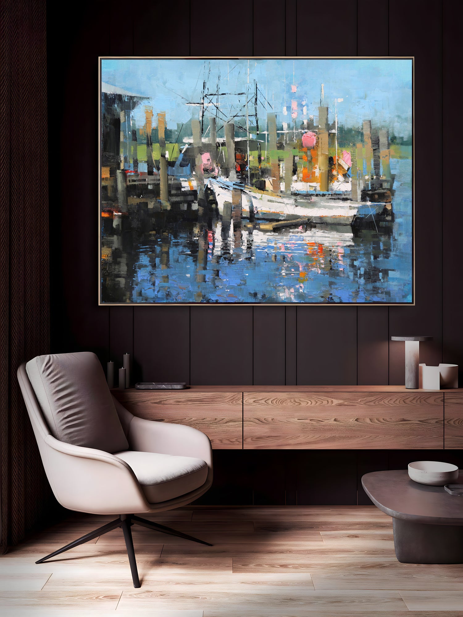 a painting of a boat docked in a harbor