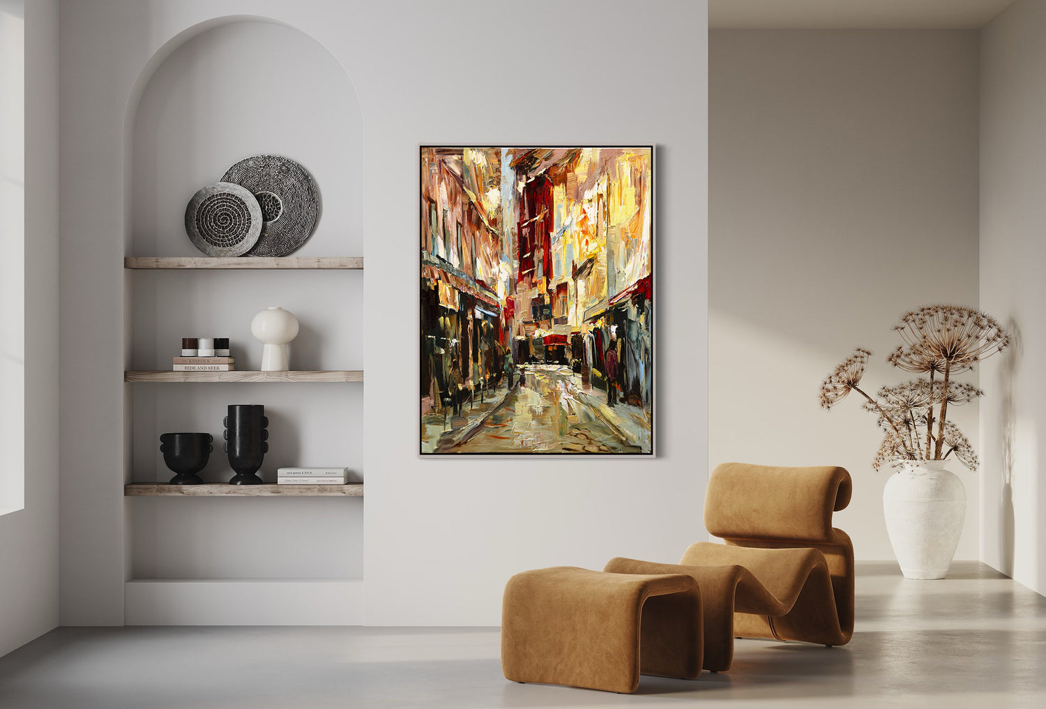 a painting of a city street in a living room