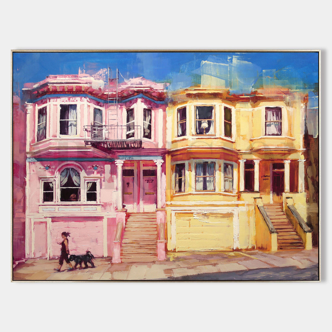 a painting of a person walking a dog in front of a row of houses