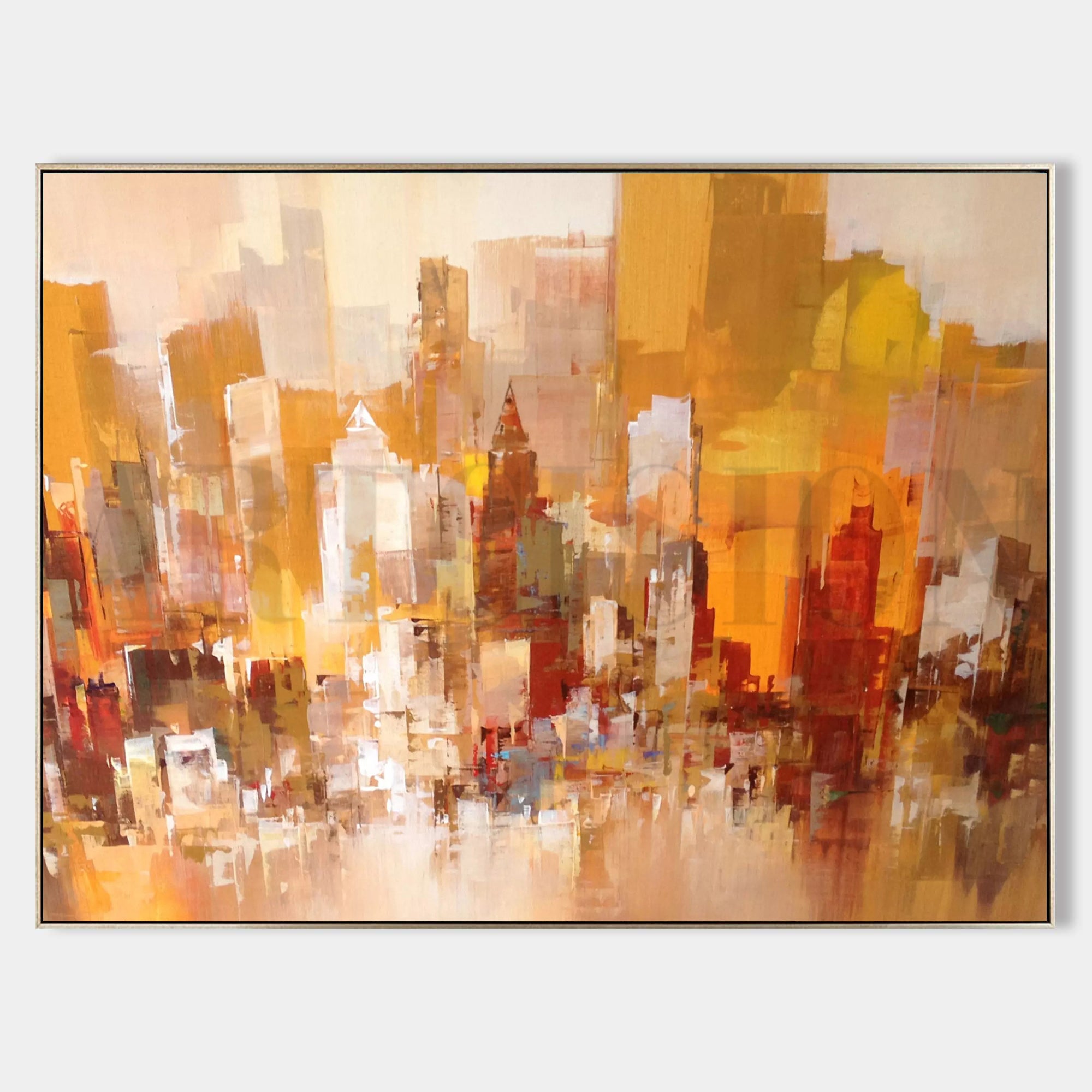 an abstract painting of a cityscape