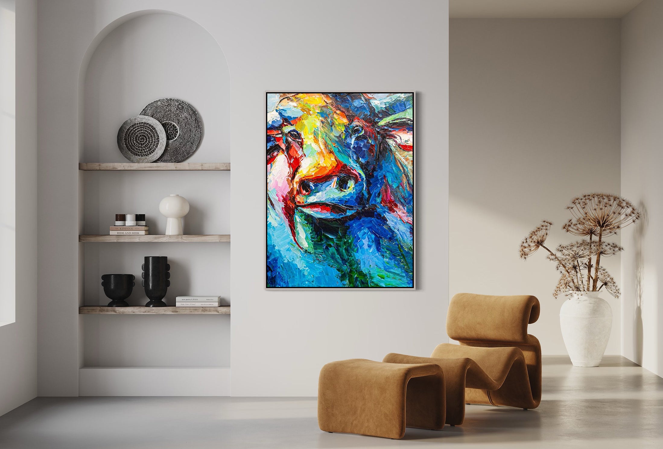 a painting of a cow in a living room