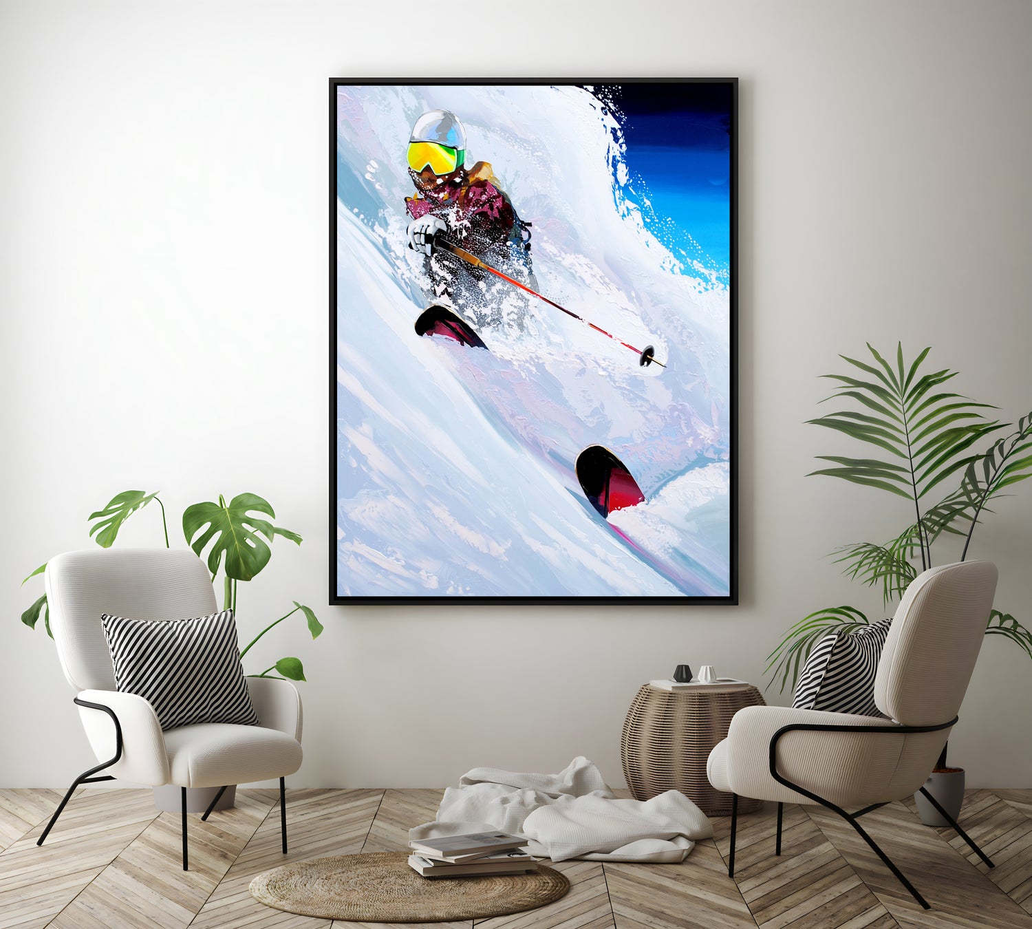 a painting of a skier going down a mountain