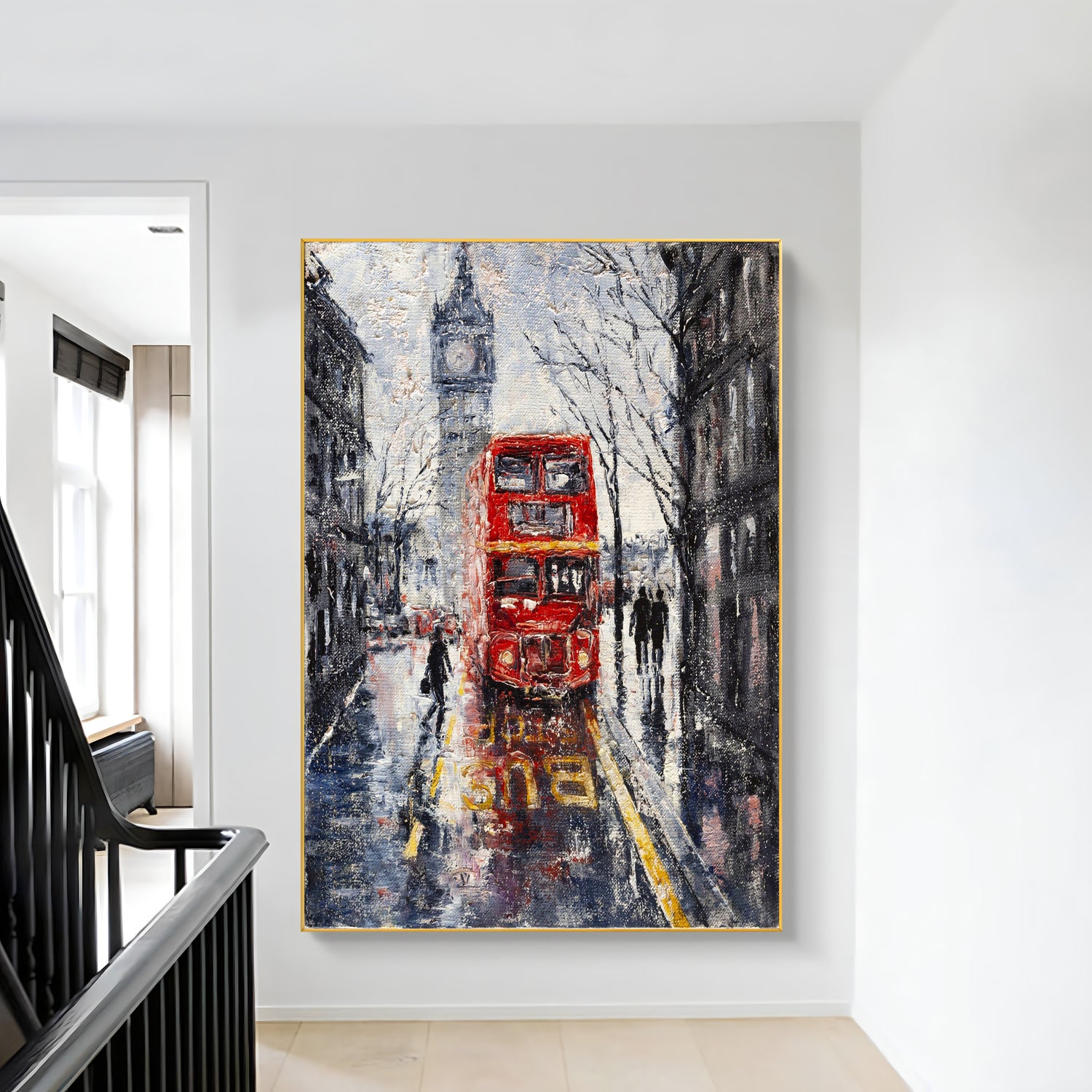 a painting of a red double decker bus on a city street