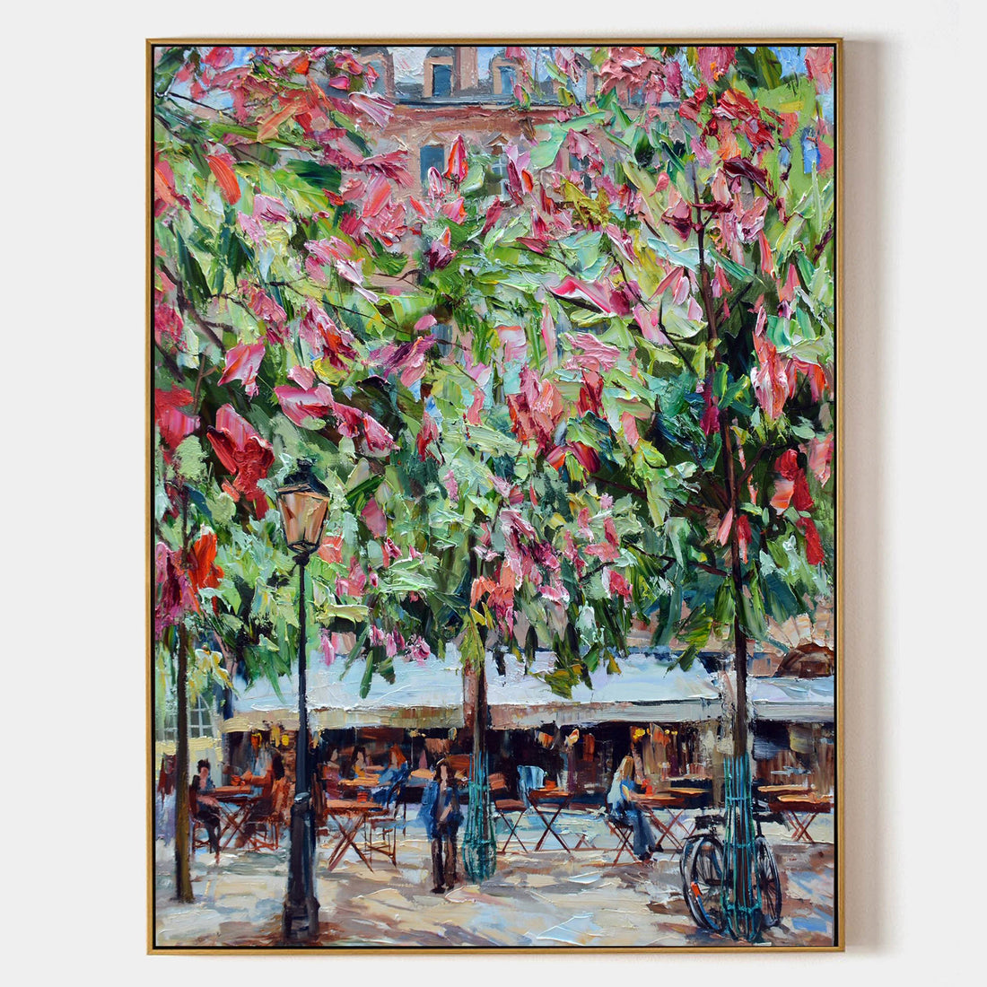 a painting of people sitting at tables under a tree