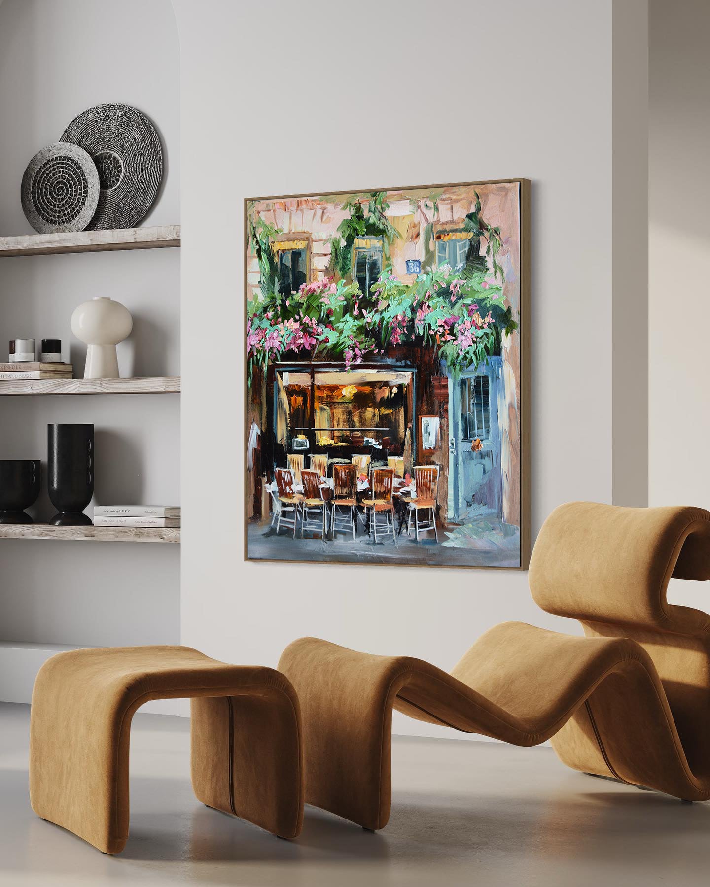 a painting of a restaurant with chairs and tables