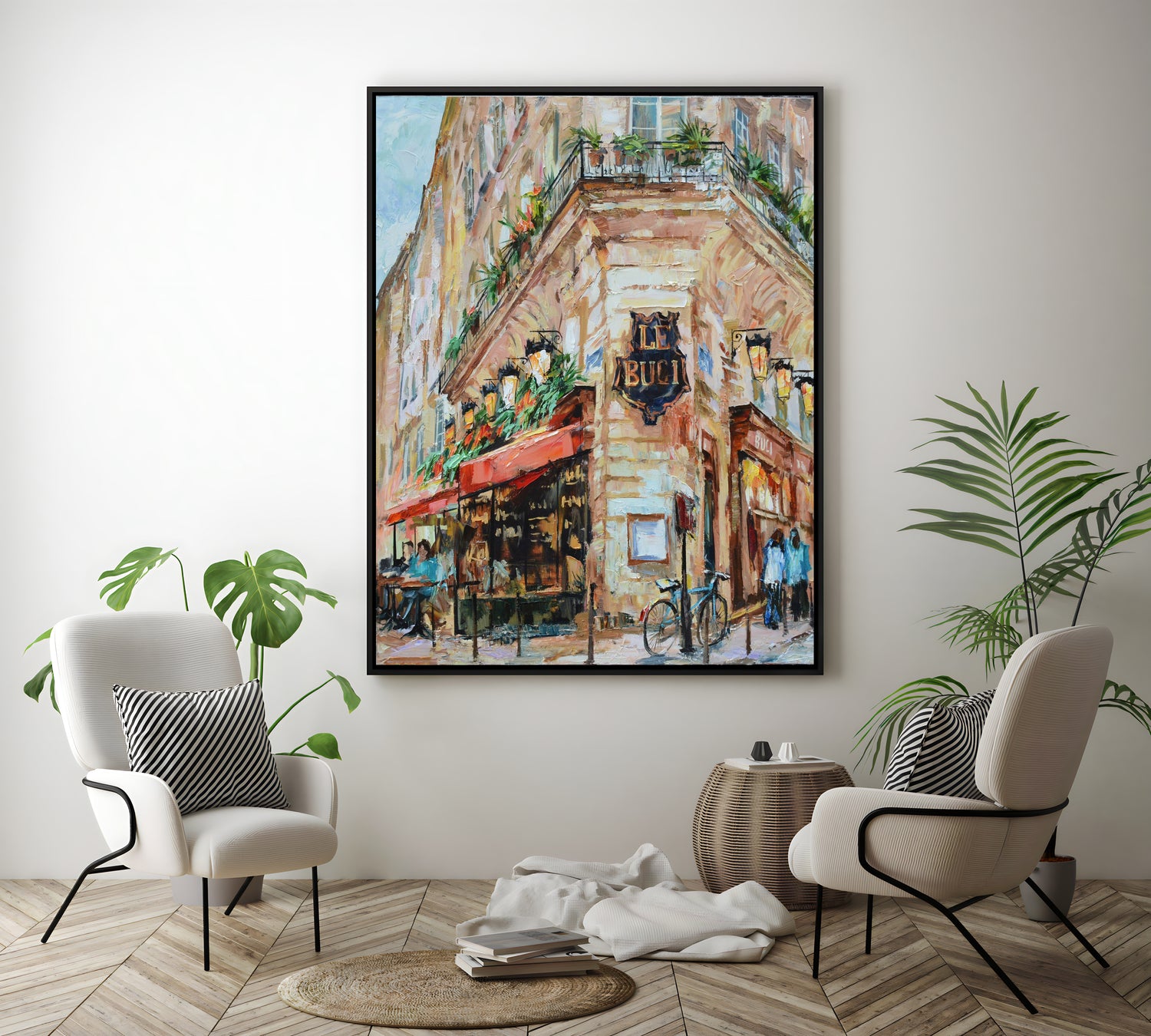 a painting of a street corner with two chairs and a potted plant