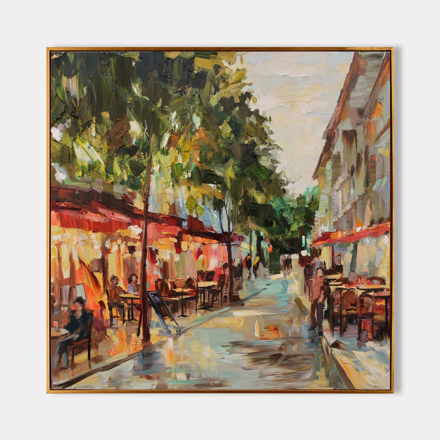 a painting of people walking down a street