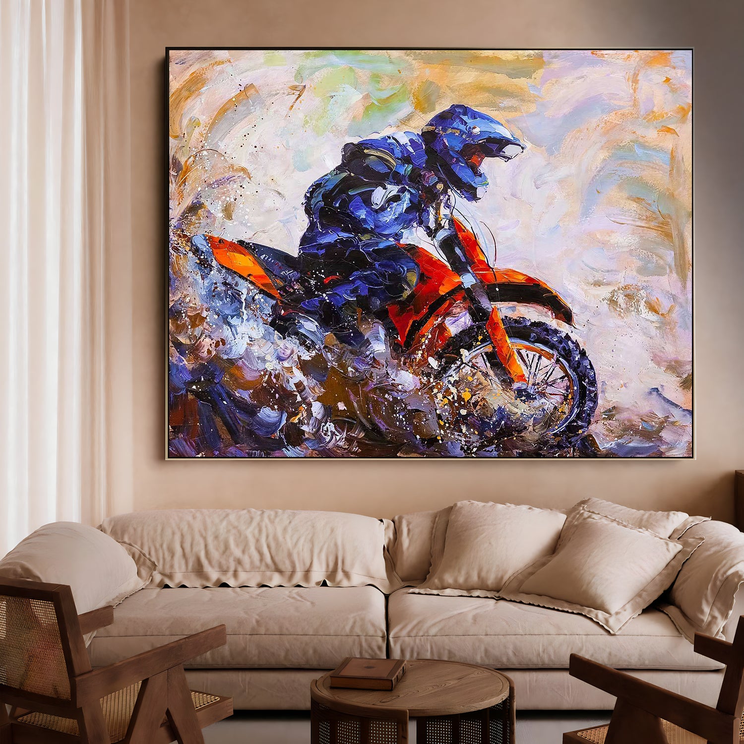 a painting of a man riding a motorcycle