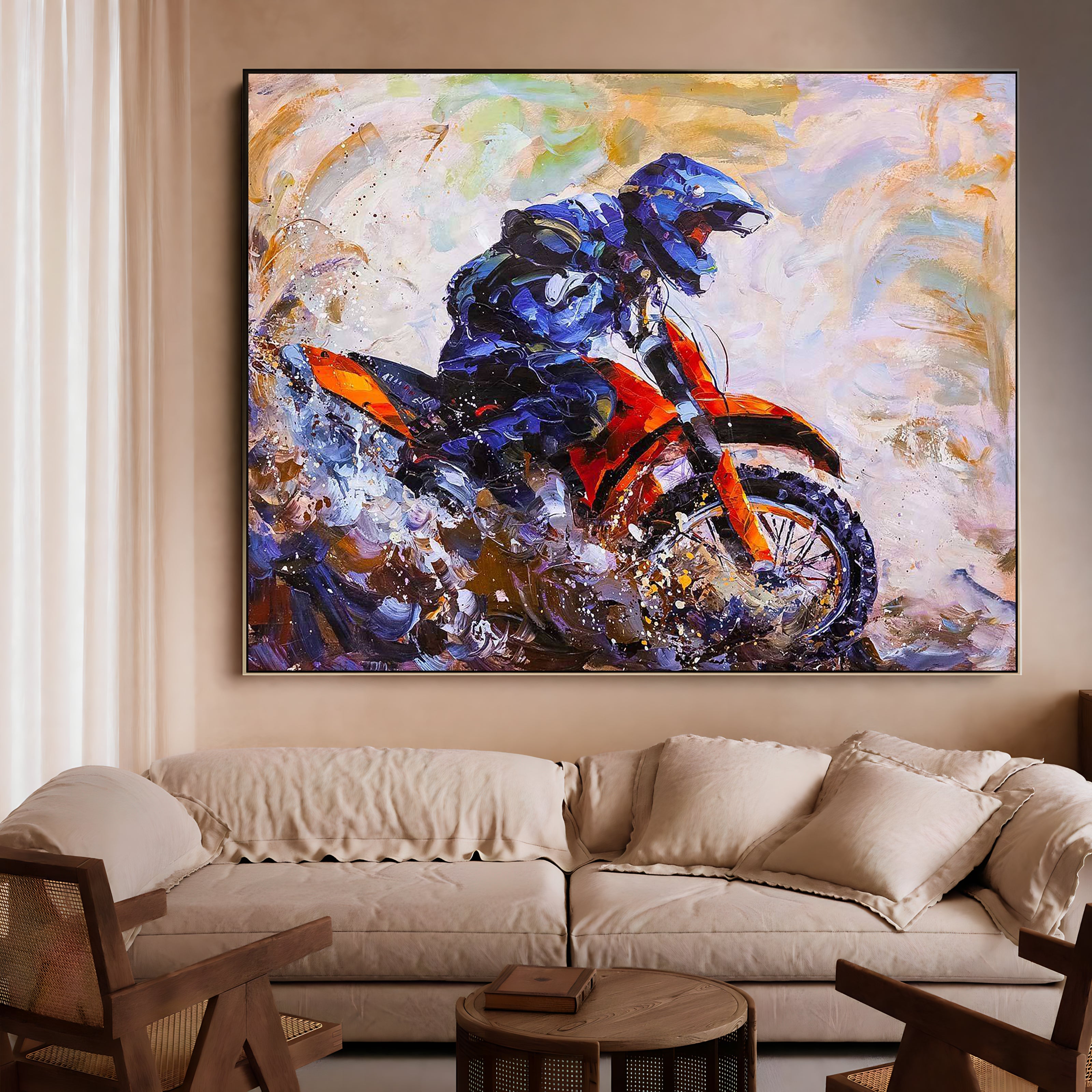 a painting of a man riding a motorcycle