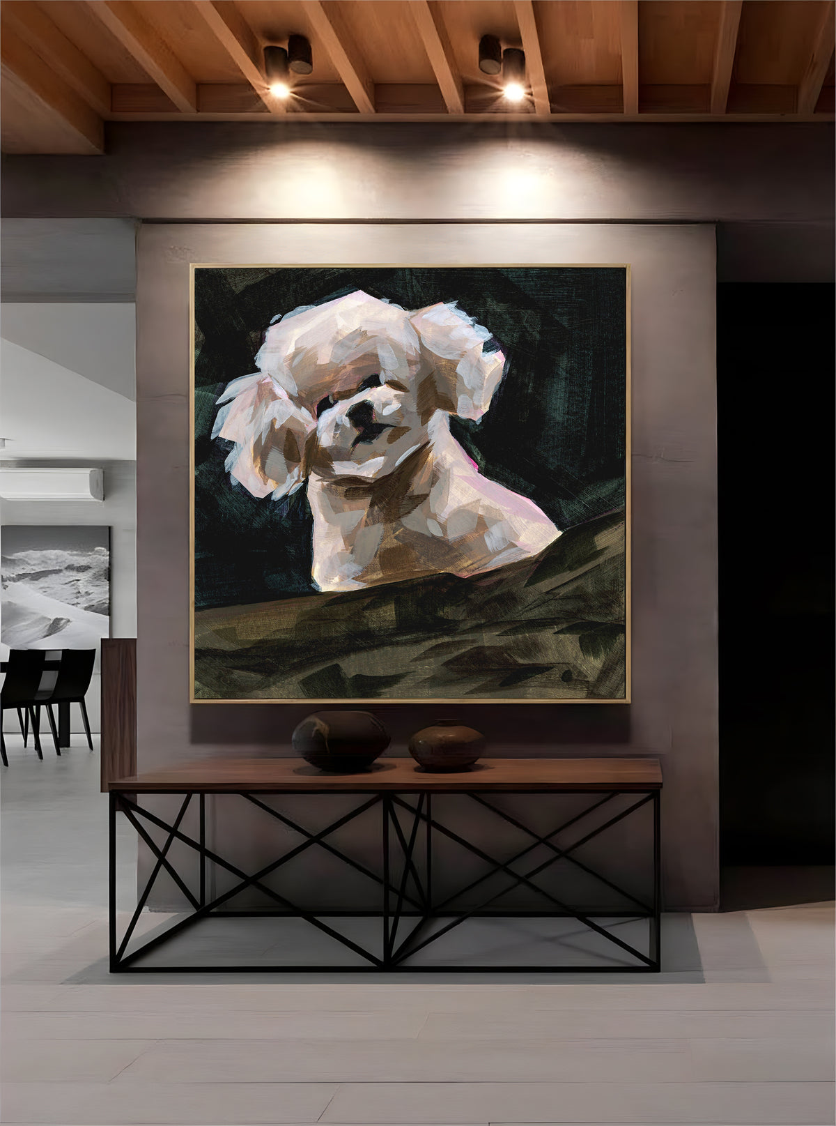 a painting of a dog on a table in a room