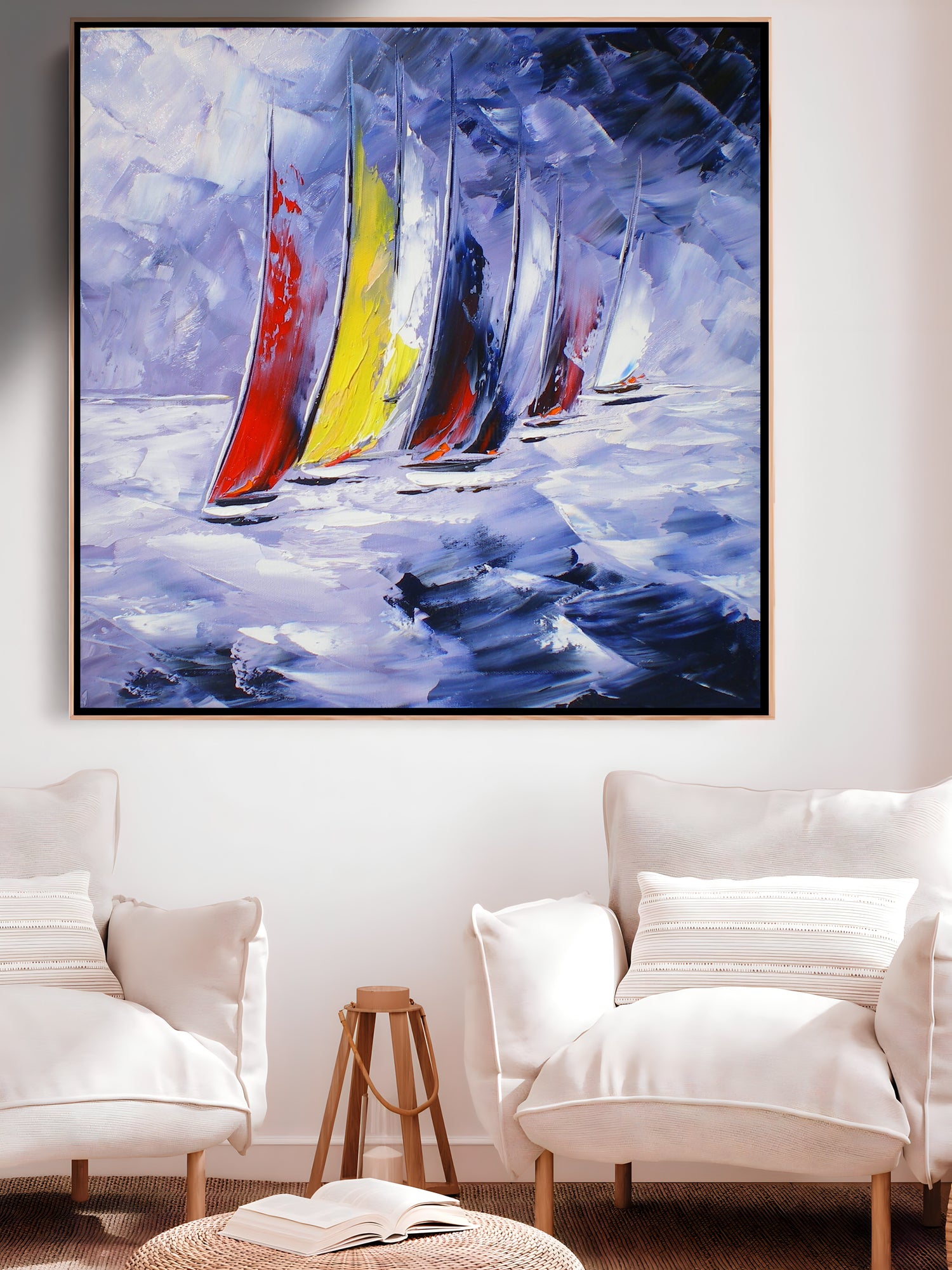 a painting of sailboats sailing in the ocean