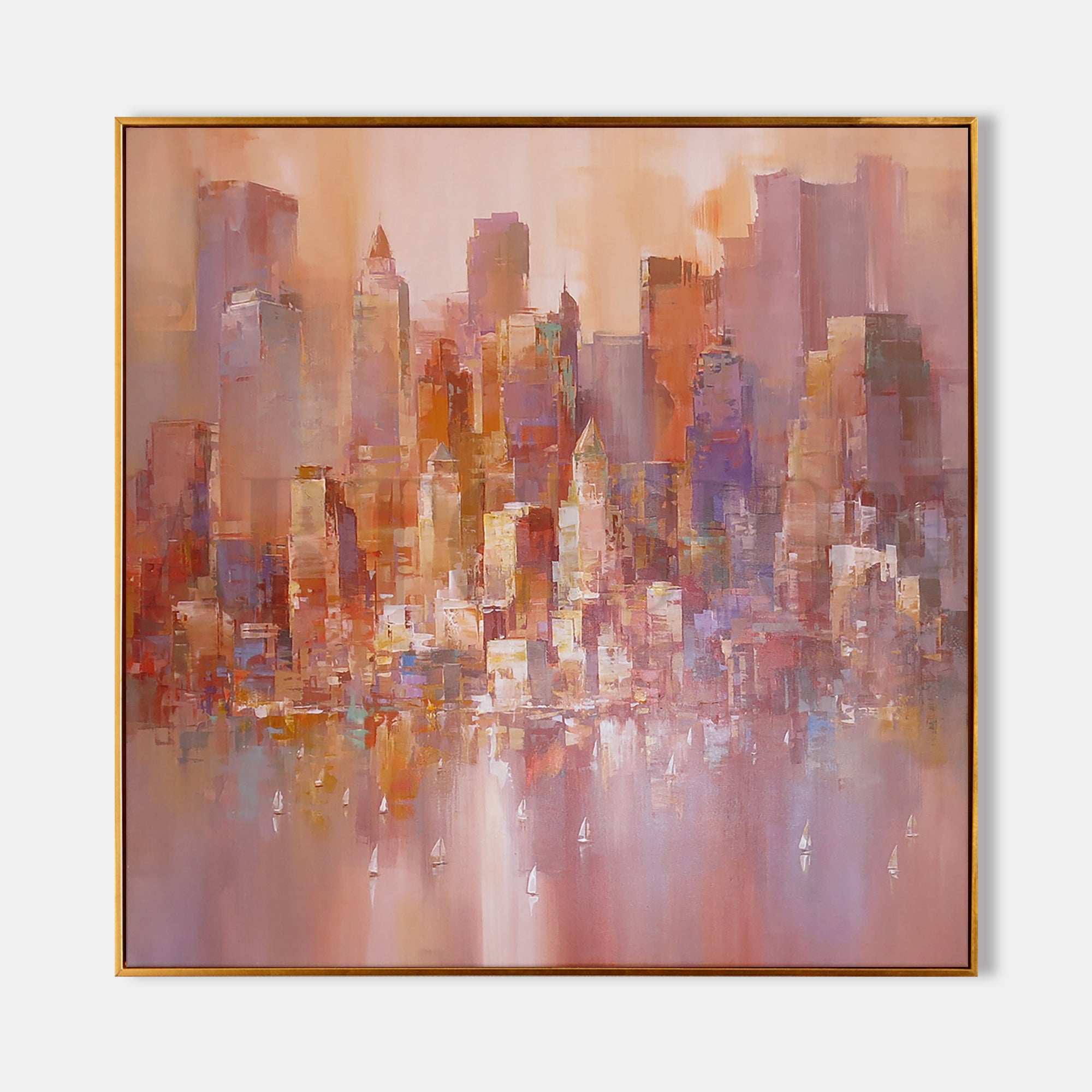 a painting of a cityscape with a gold frame