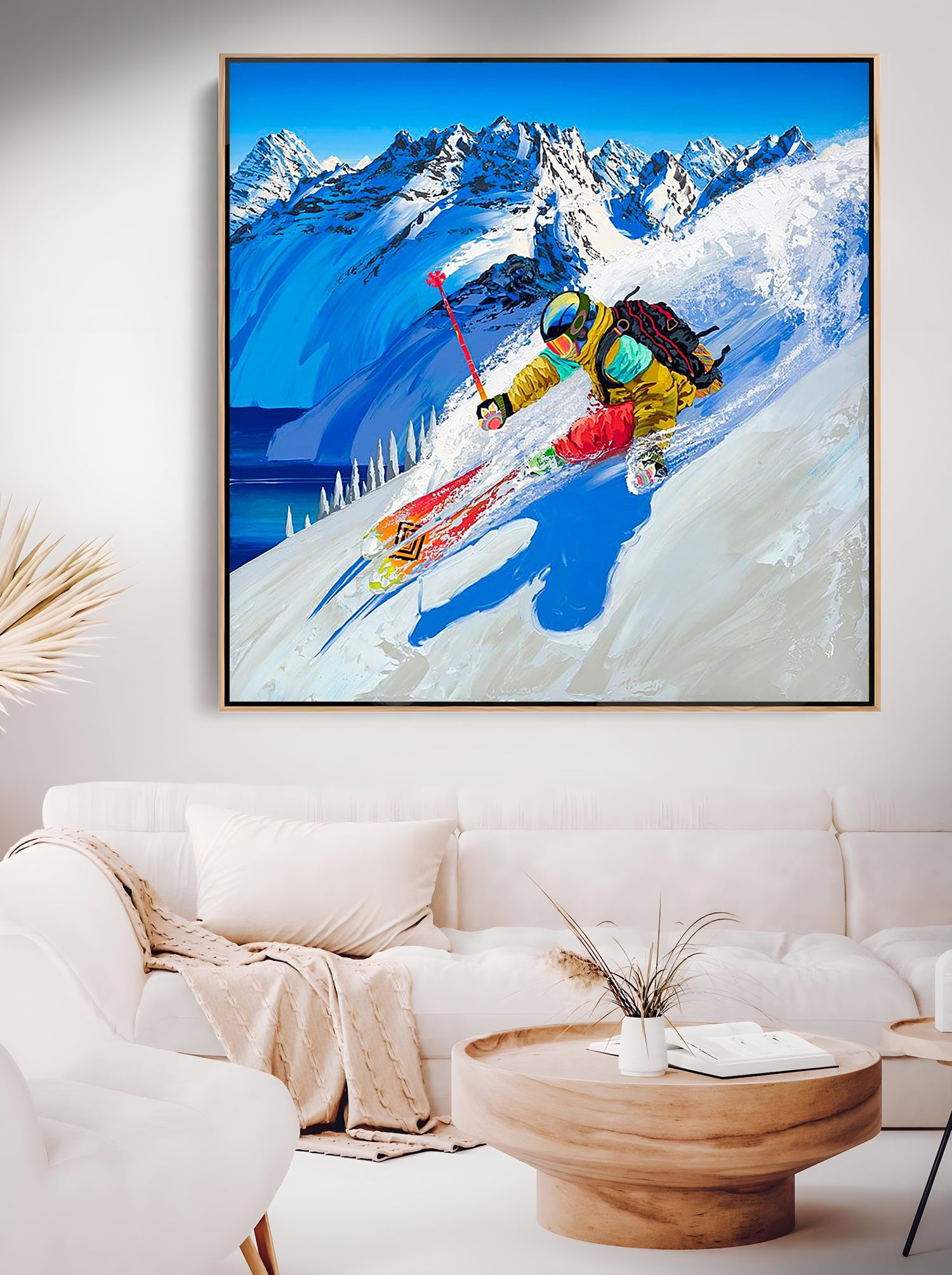 a painting of a person skiing down a mountain