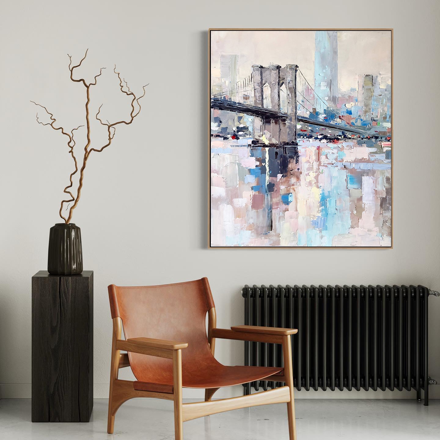 a painting of a bridge in a living room