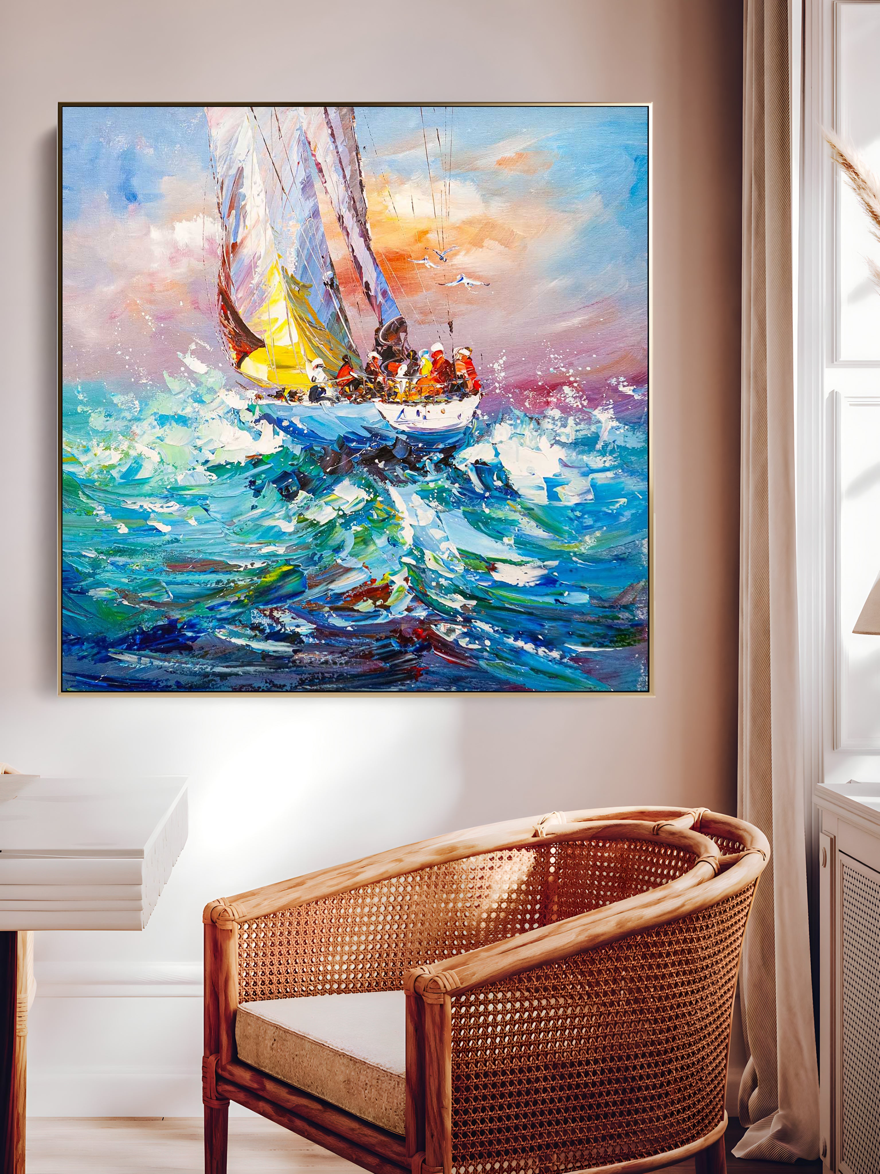 a painting of a sailboat in the ocean