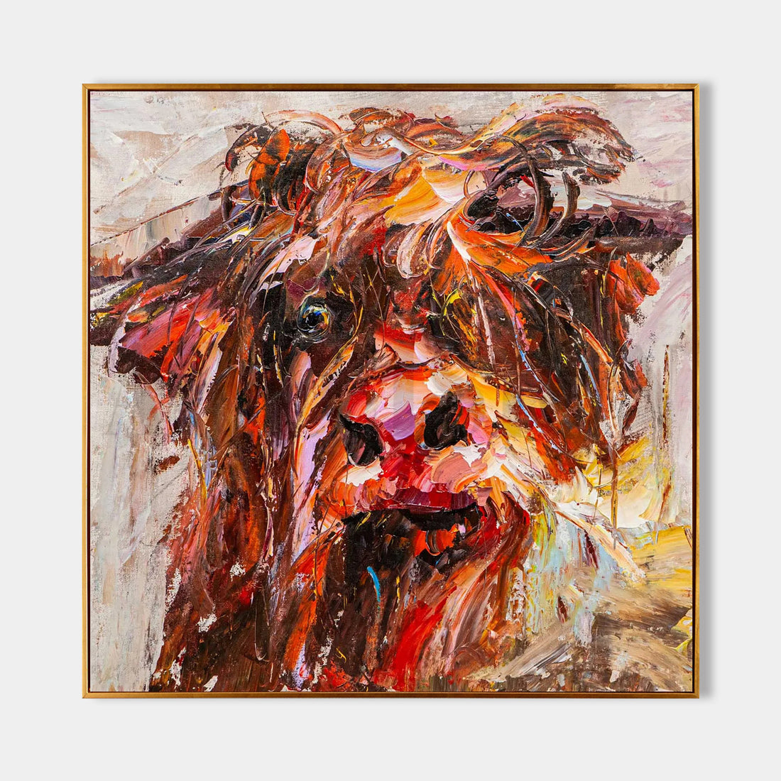 a painting of a brown dog with black eyes