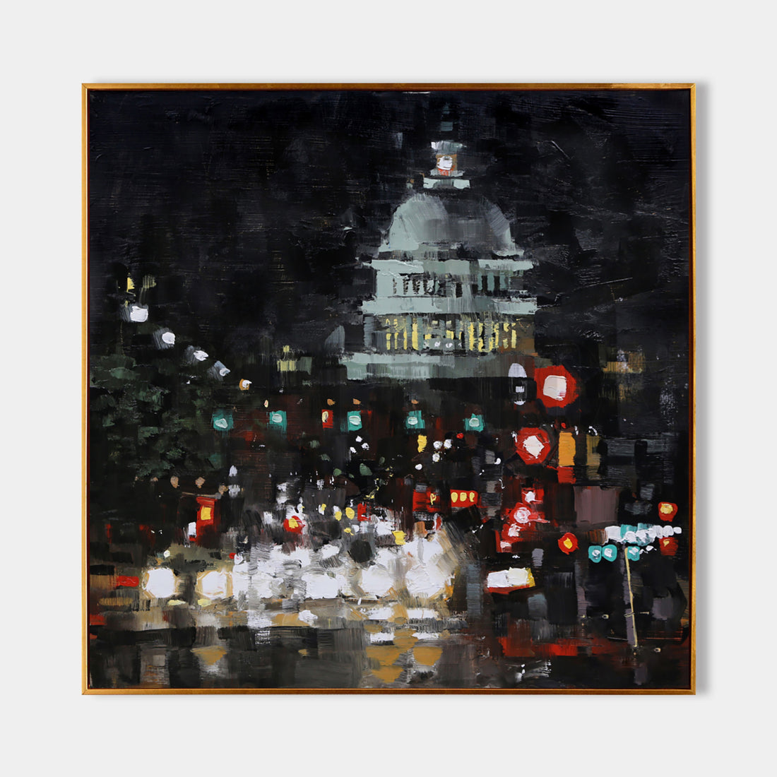 a painting of a city street at night