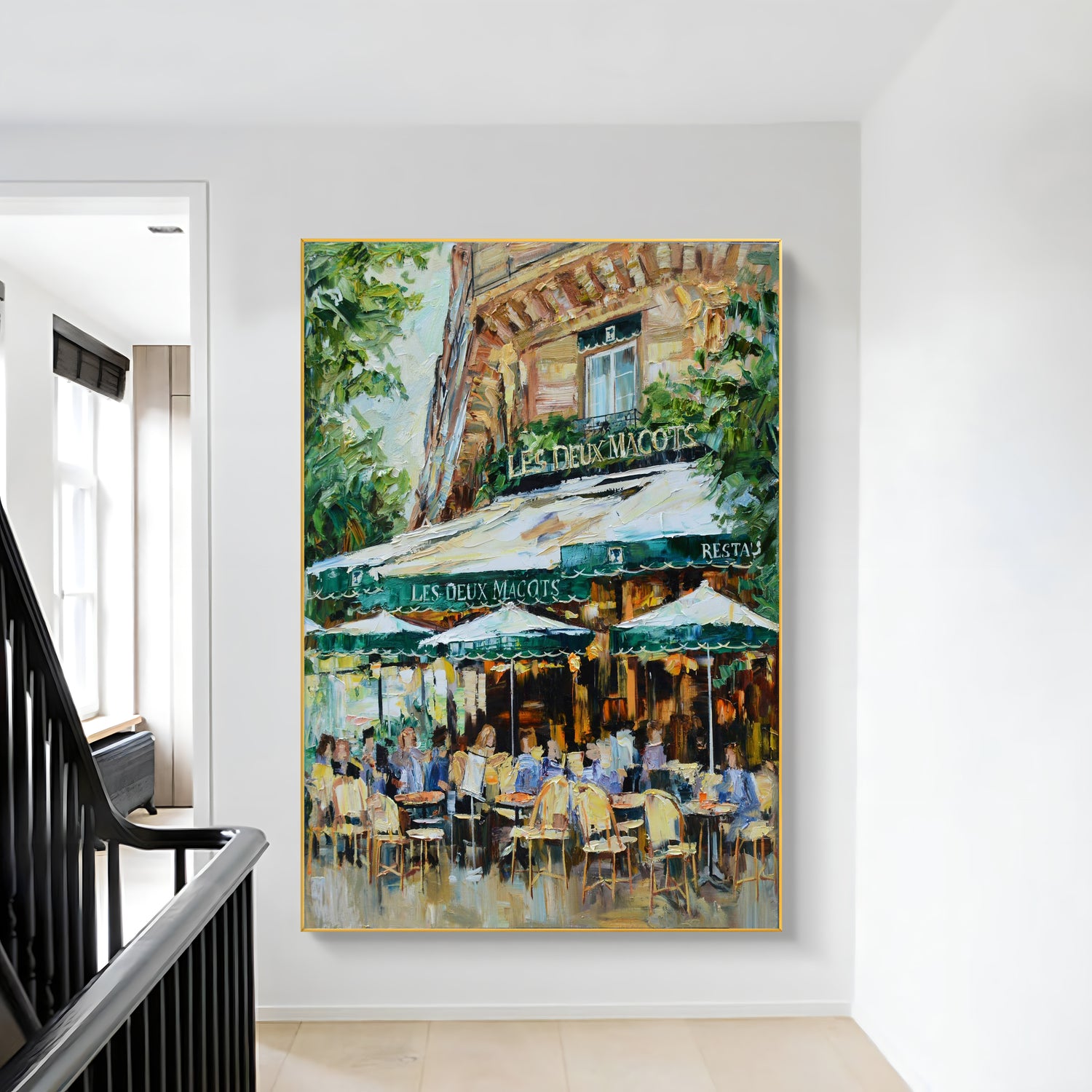 a painting of a restaurant with people sitting at tables