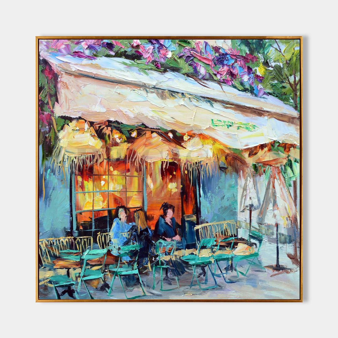 a painting of people sitting outside a restaurant