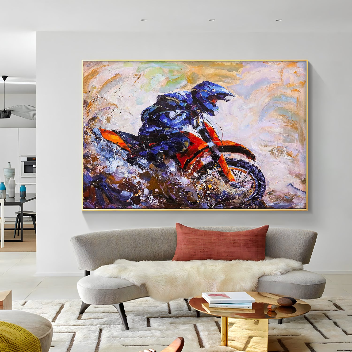 a painting of a motorcyclist riding a motorcycle in a living room