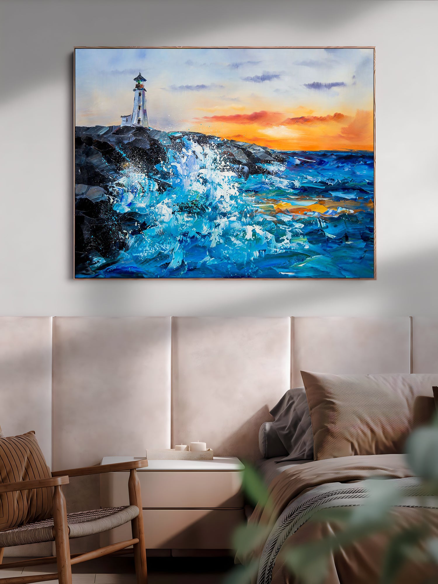 a painting of a lighthouse on a wall above a bed