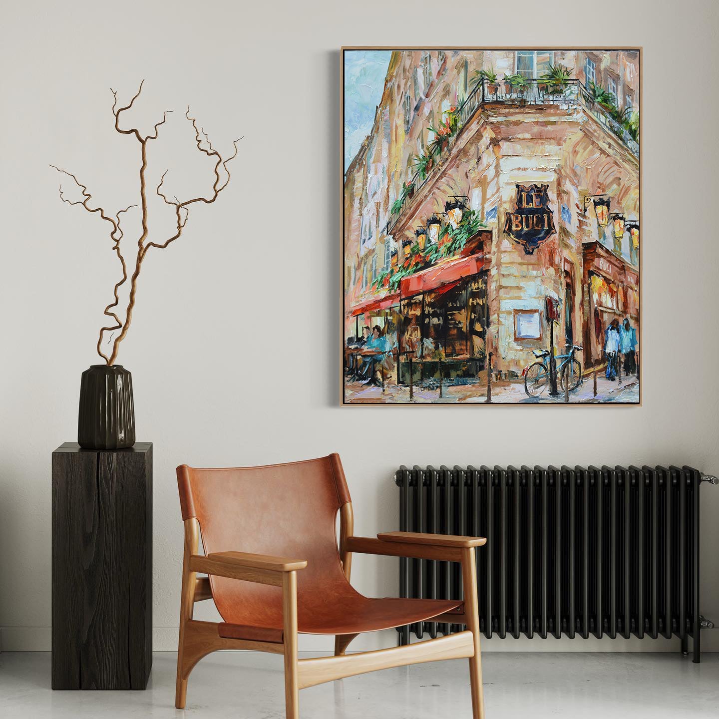 a painting of a street corner with a chair and a vase