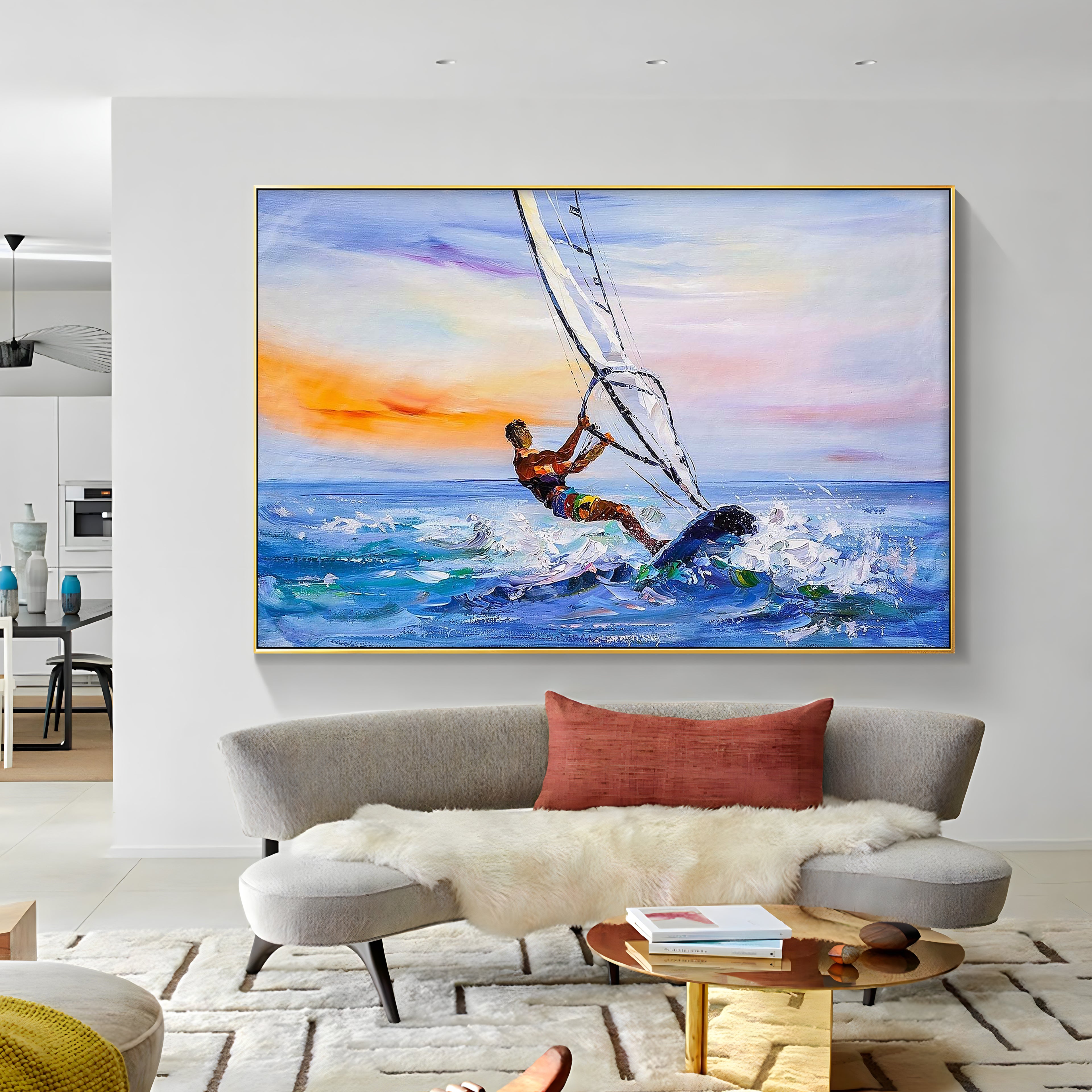 a painting of a person on a surfboard riding a wave