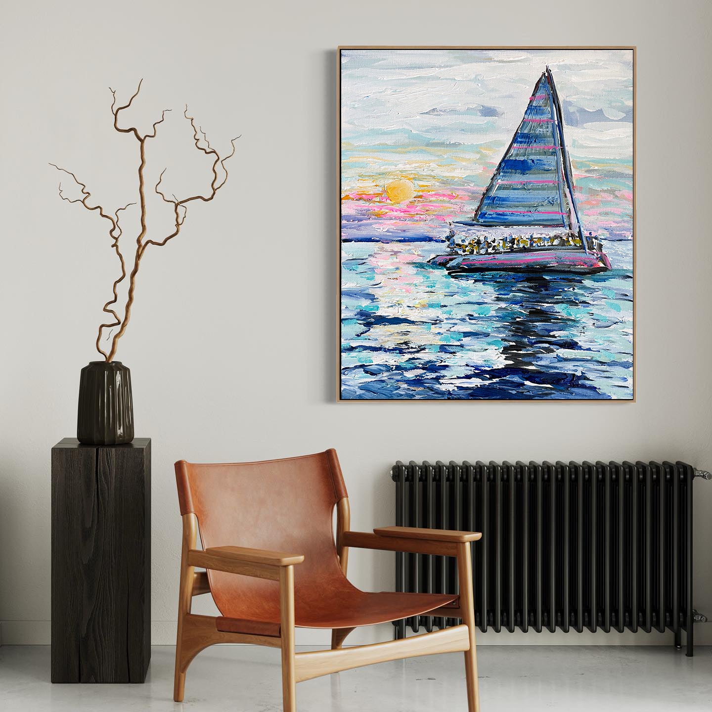 a painting of a sailboat on the water