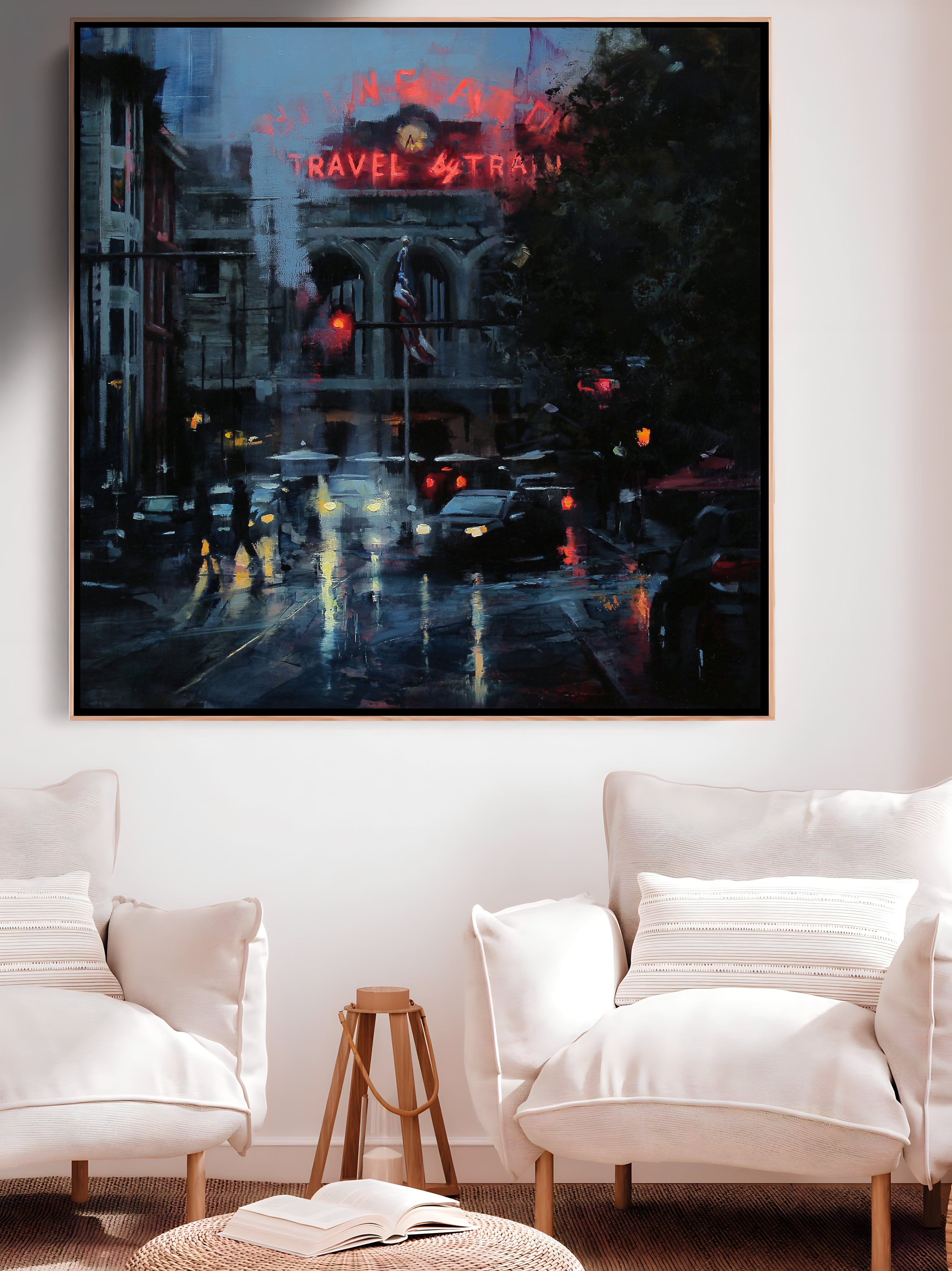 a painting of a city street at night