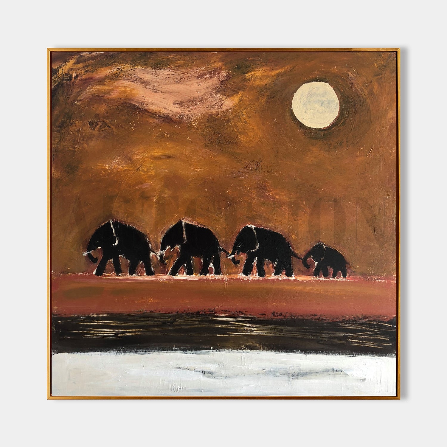 a painting of three elephants crossing a river