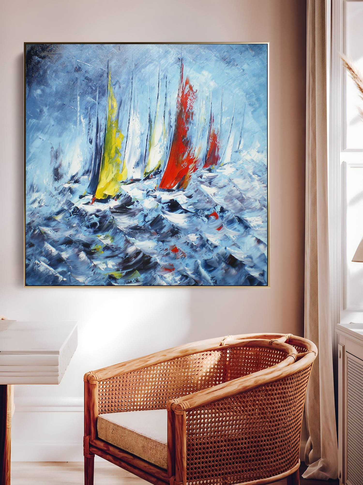 a painting of sailboats sailing in the ocean