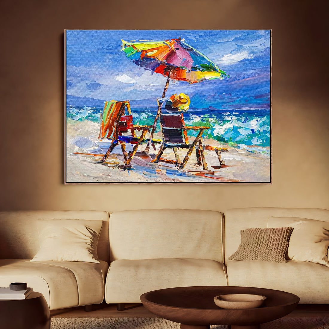 a painting of two beach chairs under an umbrella