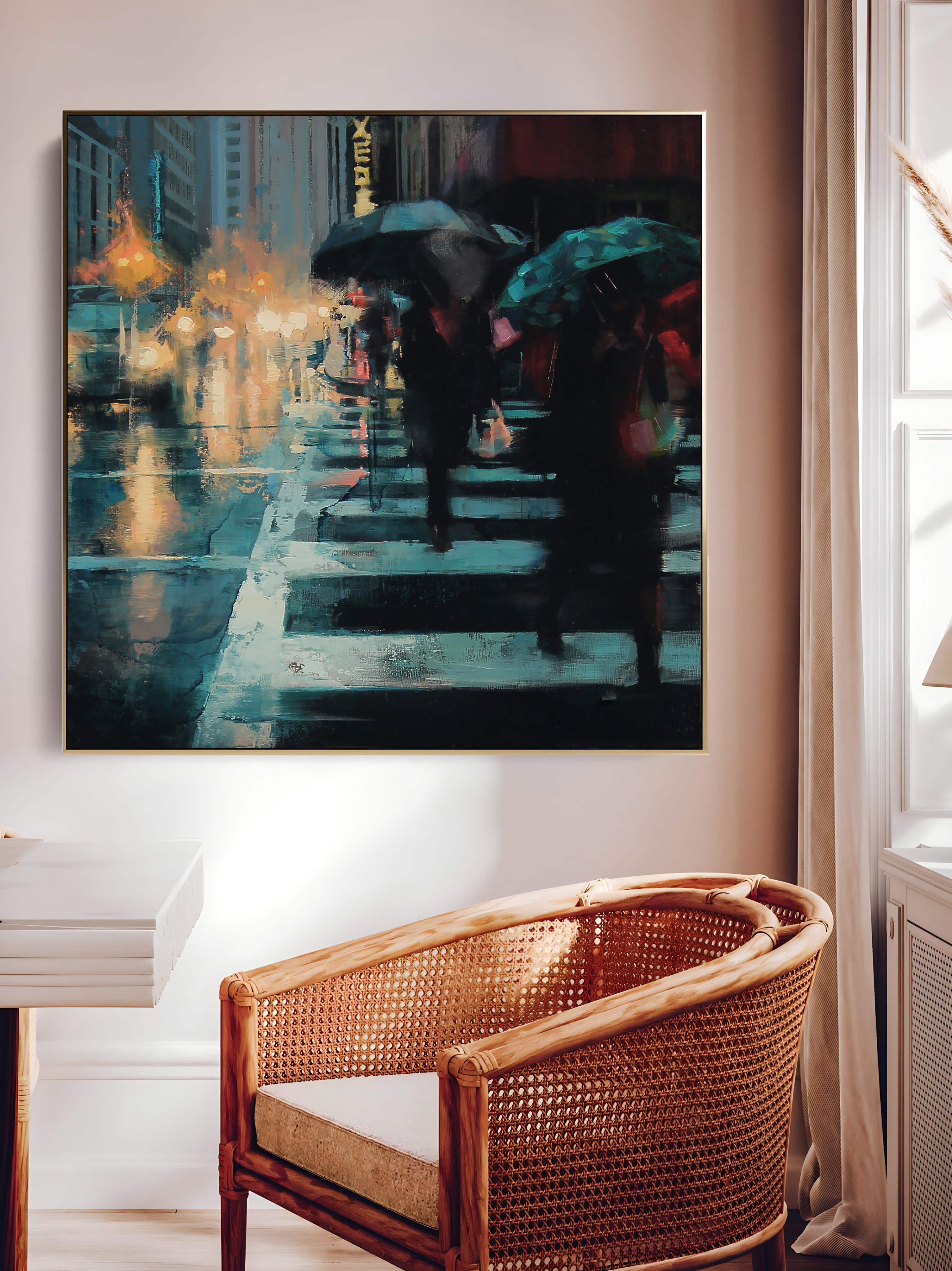 a painting of people walking in the rain with umbrellas