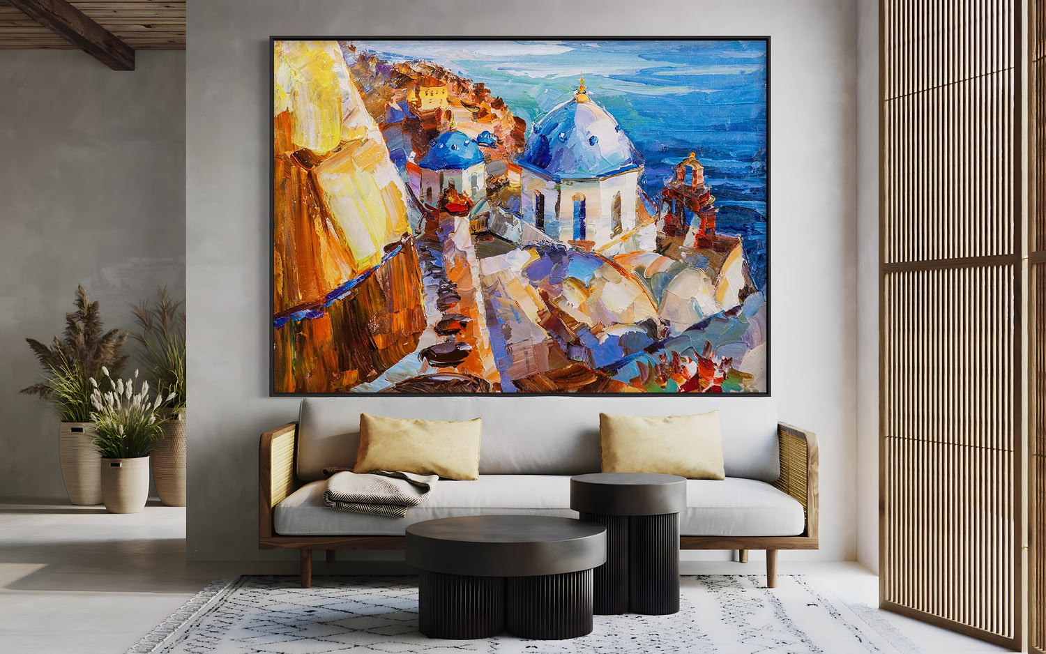 a living room with a painting on the wall