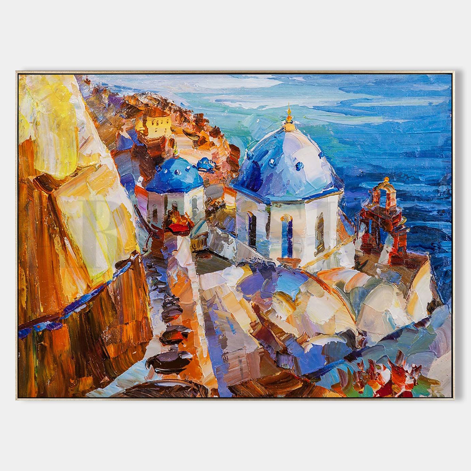 a painting of a blue domed building on a cliff