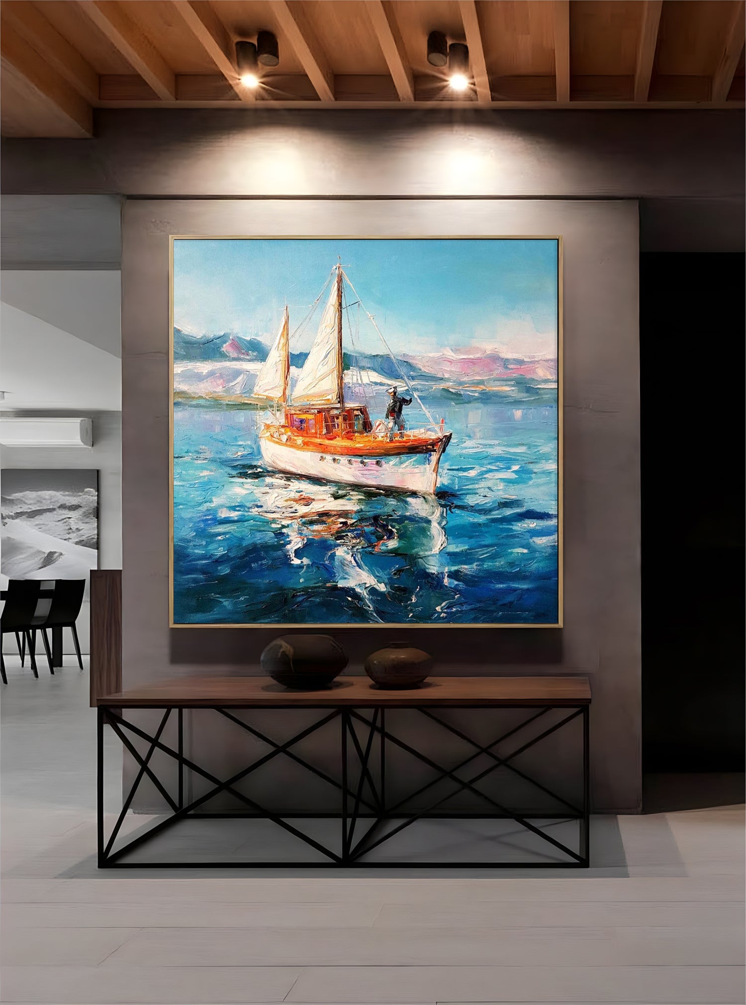 a painting of a boat in the water