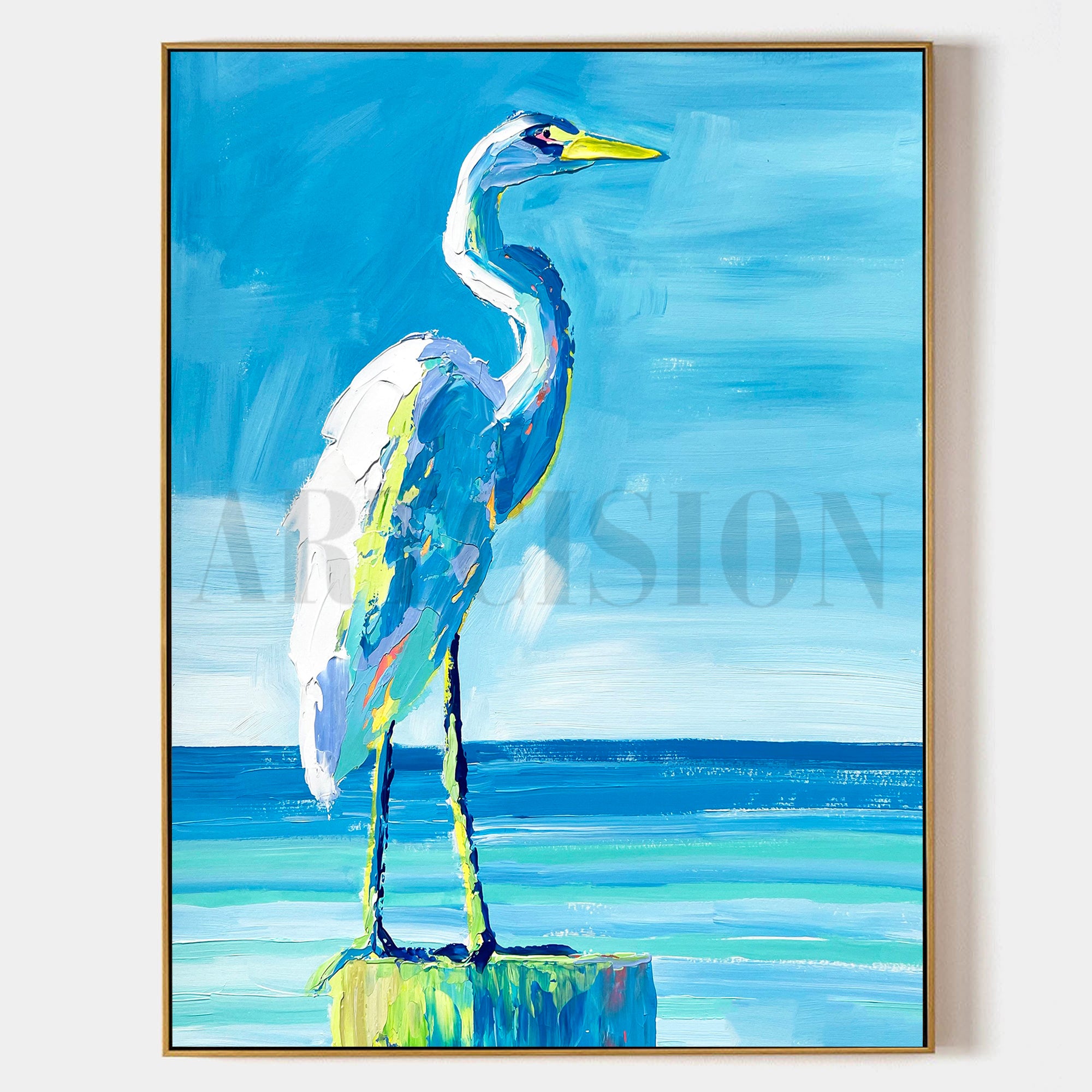 a painting of a blue heron standing on a rock