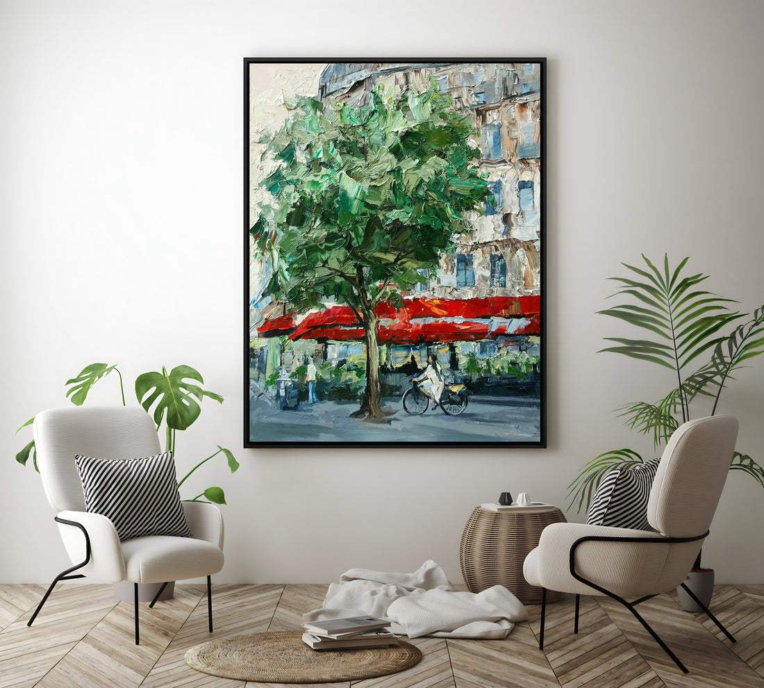 a painting of a city street with a red umbrella