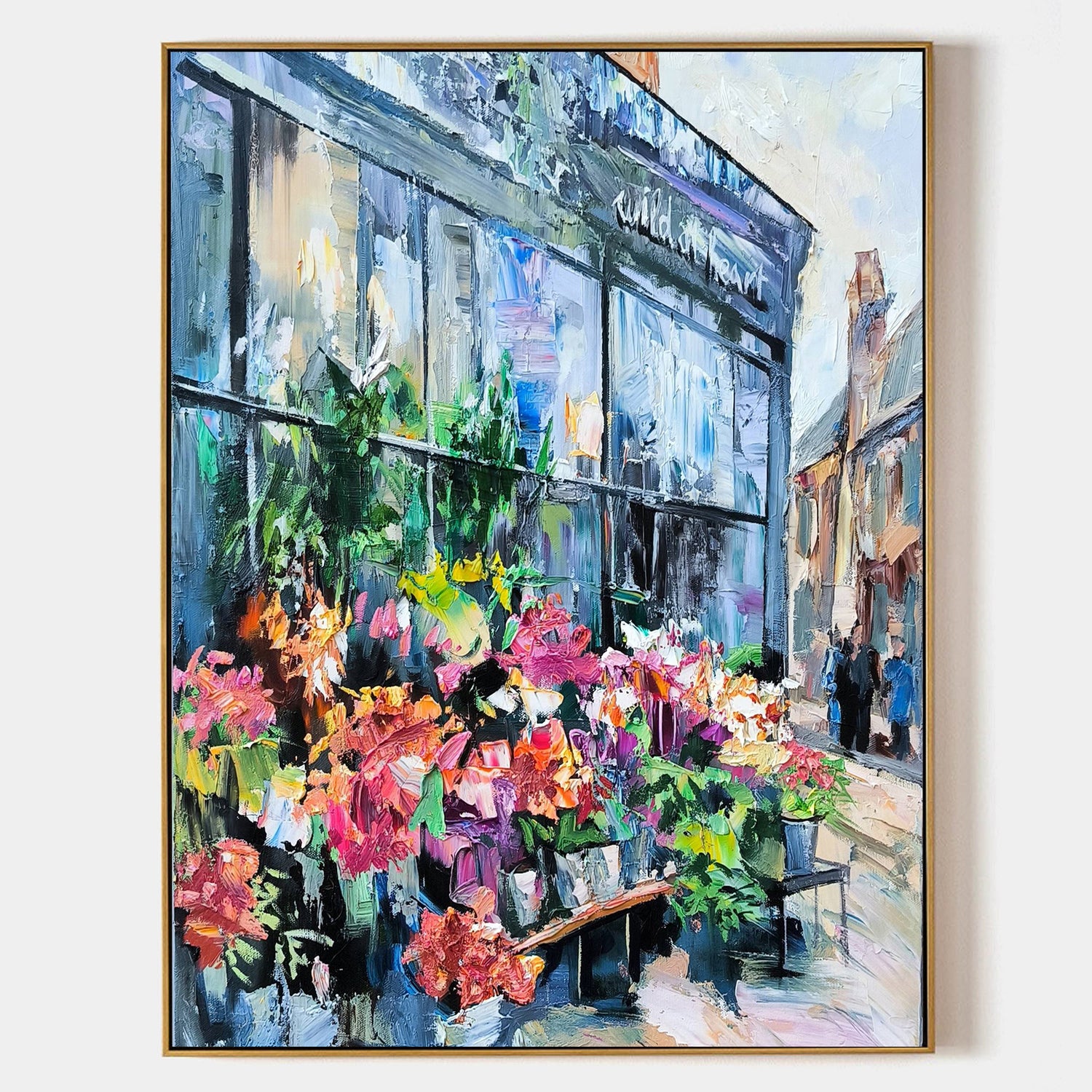 a painting of a flower shop in a city