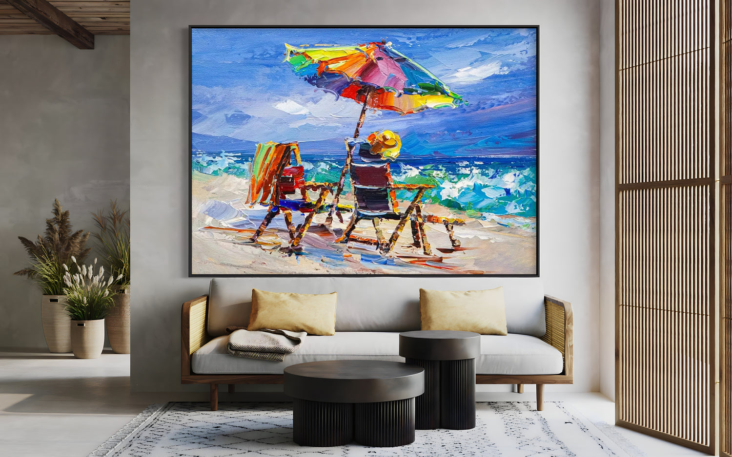 a painting of two people sitting under an umbrella on the beach