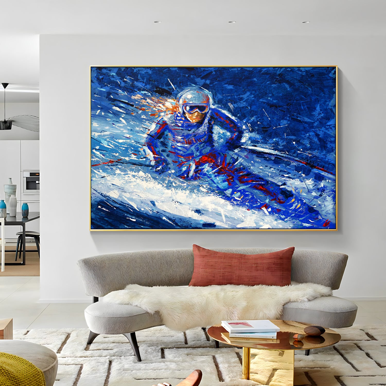 a living room with a couch and a painting on the wall