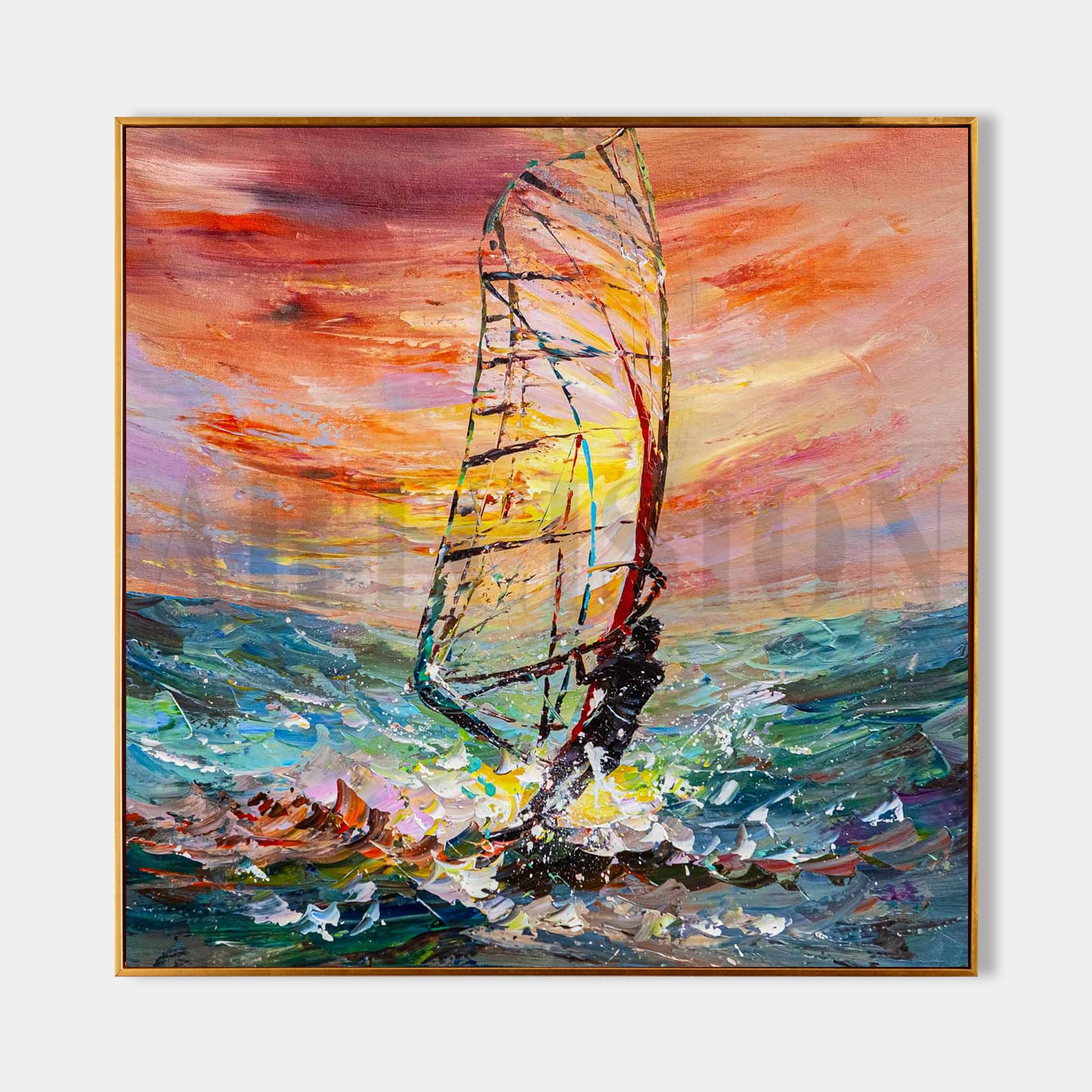 a painting of a sailboat in the ocean