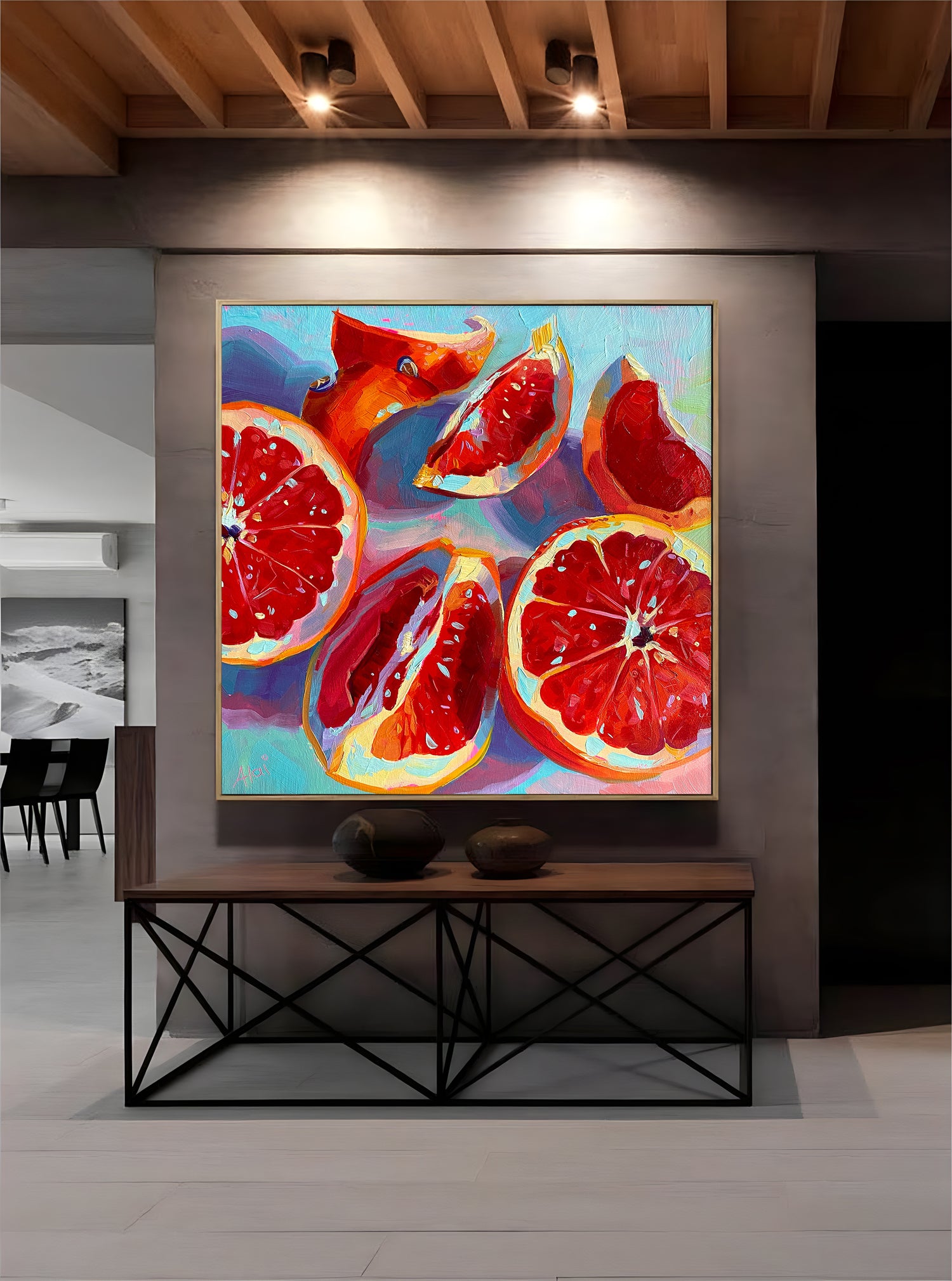 a painting of grapefruits on a table in a room