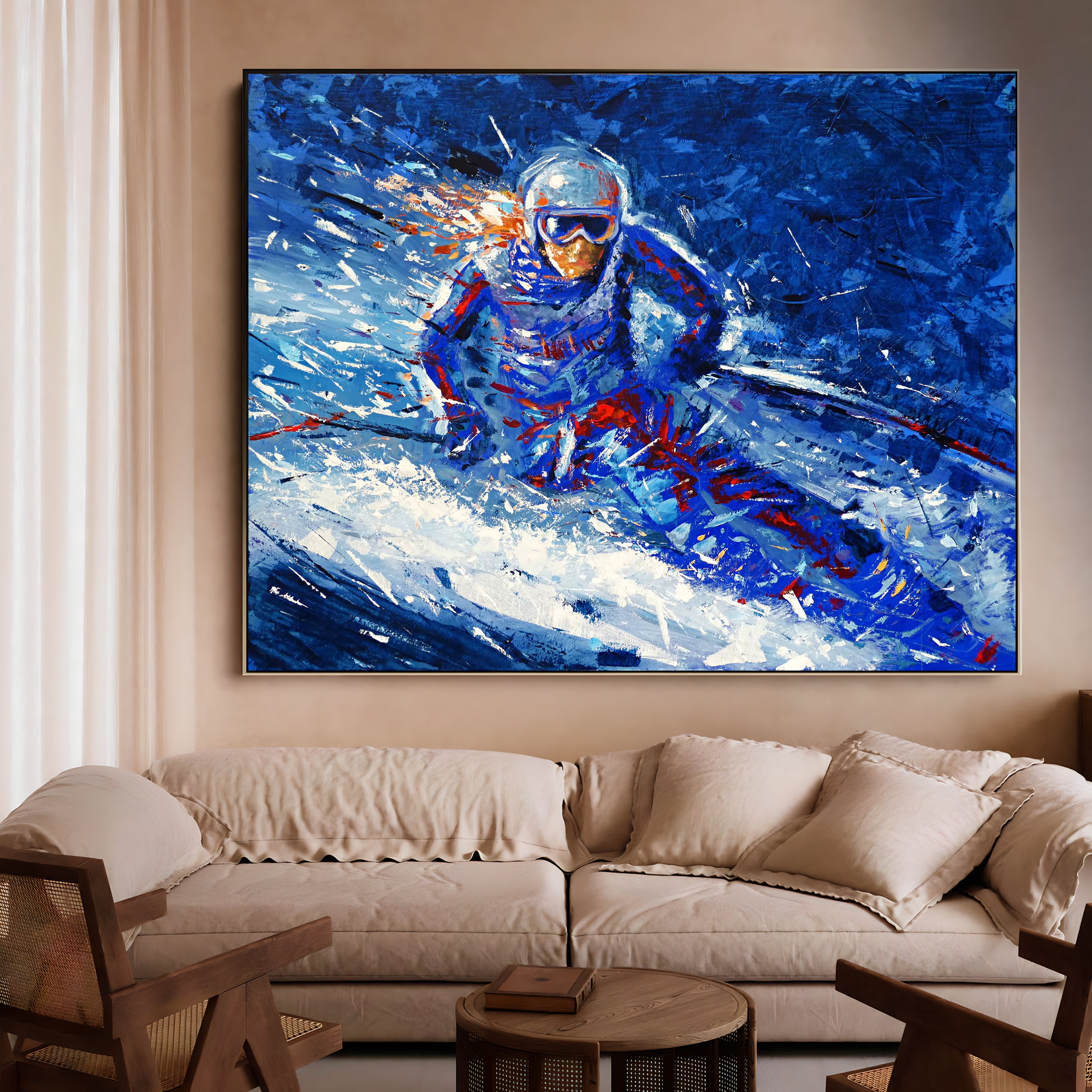 a painting of a man on a surfboard in a living room